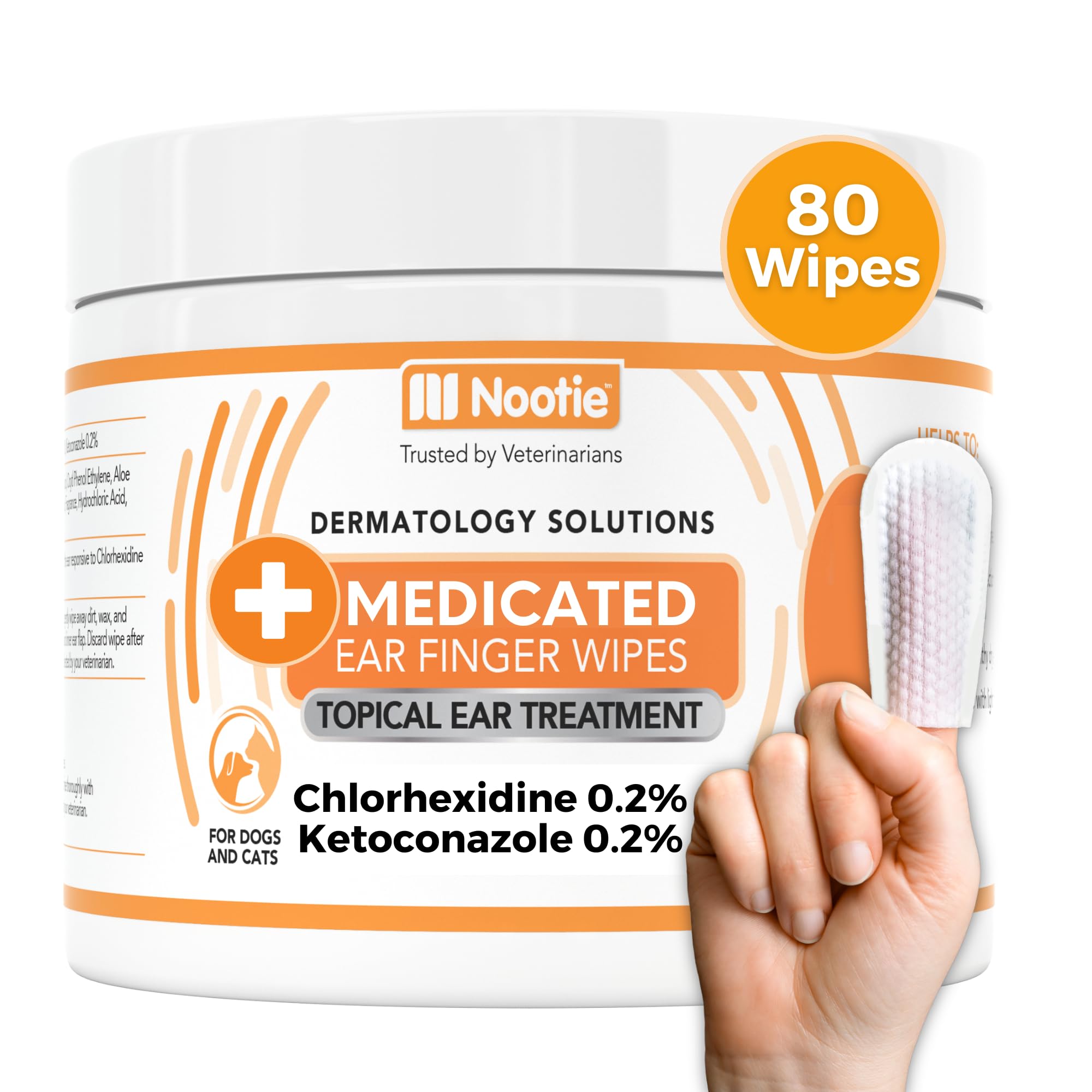 Nootie Medicated Ear Finger Wipes with Chlorhexidine for Dogs, Gentle Dog Ear Cleaning Wipes for Itchy, Sensitive Ears - Helps Remove Wax, Dirt Buildup, & Odor 80 Wipes - Made in USA