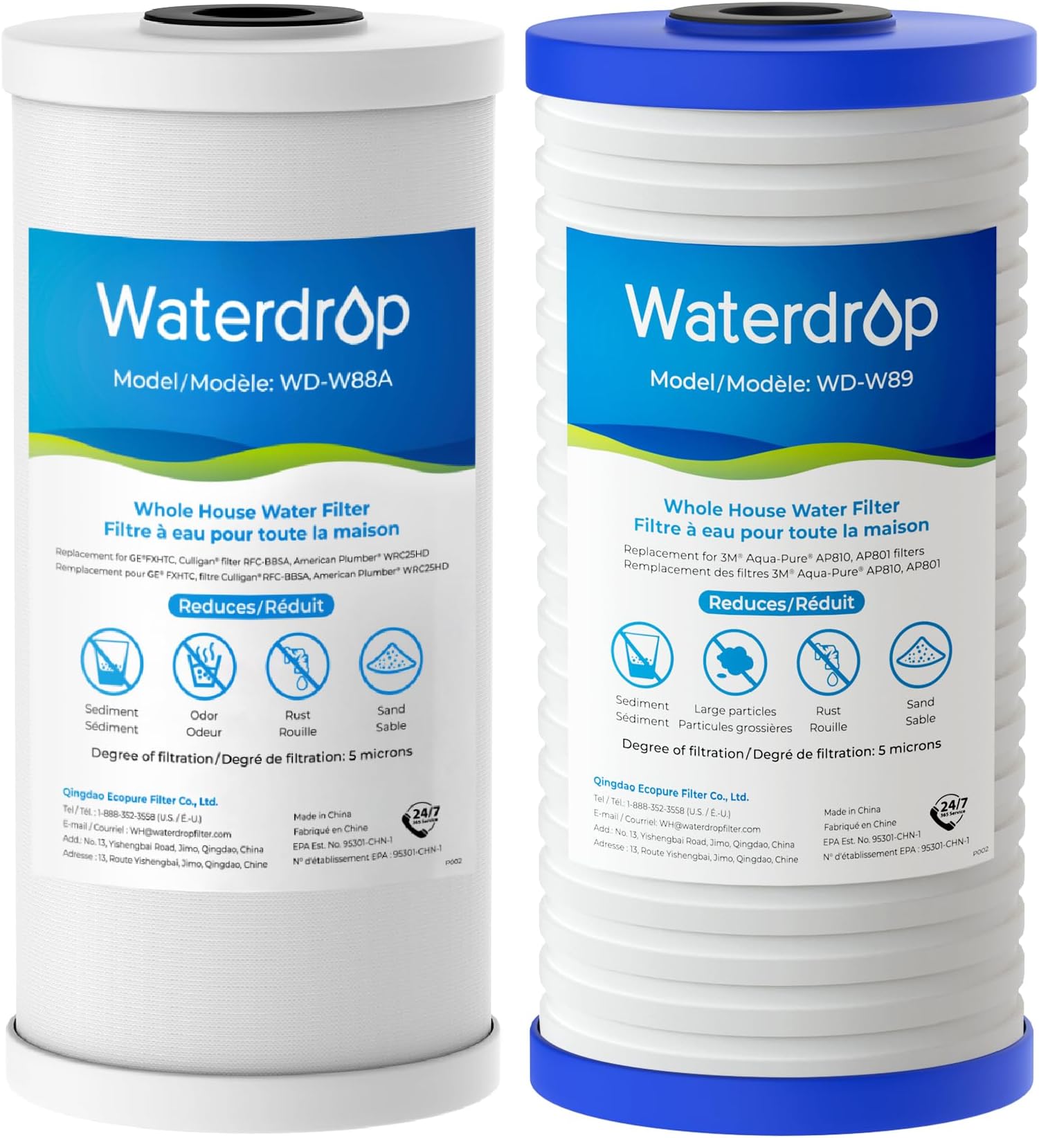 Waterdrop WF10PG 5 Micron 4.5" x 10" Big Blue Sediment Filter and Activated Carbon Filter, Replacement Cartridge for WFH21-PG Whole House Water Filtration System
