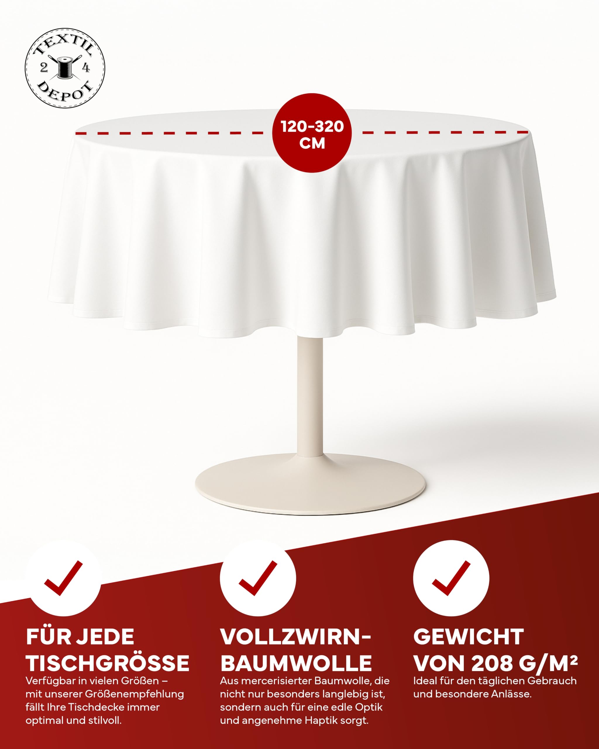 Damast Tischdecke 300 cm rund 100% Baumwolle weiß Tafeltuch Tischwäsche