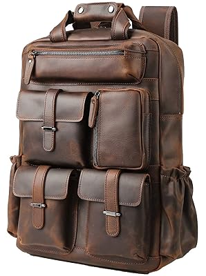 Masa Kawa Leather Backpack for Men Vintage 15.6 Inch Laptop Bag Multi Pockets Casual Travel Daypack Brown