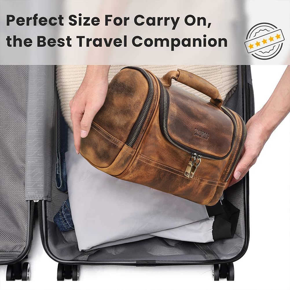 CONTACTS Crazy Horse Leather Toiletry Bag for Men Travel Bathroom Shaving Dopp Kit Toiletries Organizer Vintage Brown Cosmetic Bag Handbag