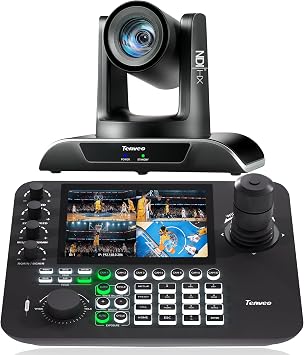 Tenveo PTZ Camera and Controller Bundle/Kits - 20X AI Auto Tracking HDMI/USB3.0/LANPoE NDI PTZ Camera and 7'' Quad-Screen NDI Joystick Controller for Church Service Events Live Streaming