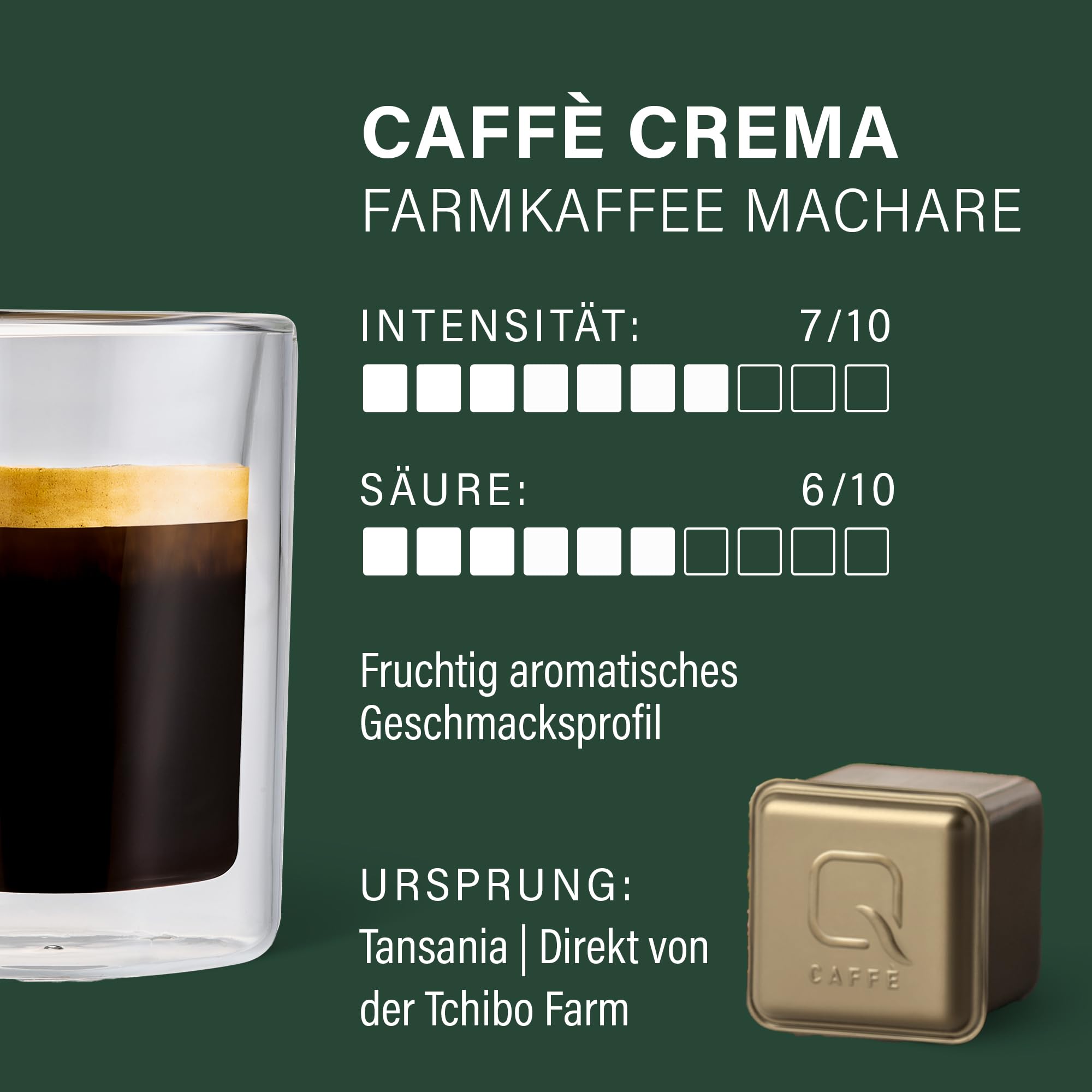 Tchibo Qbo Caffè Crema Farmkaffee Machare Premium Kaffeekapseln, 144 Stück – 18 x 8 Kapseln (Caffè Crema, Intensität 7/10, fruchtig und aromatisch), nachhaltig & aus 70% nachwachsenden Rohstoffen¹