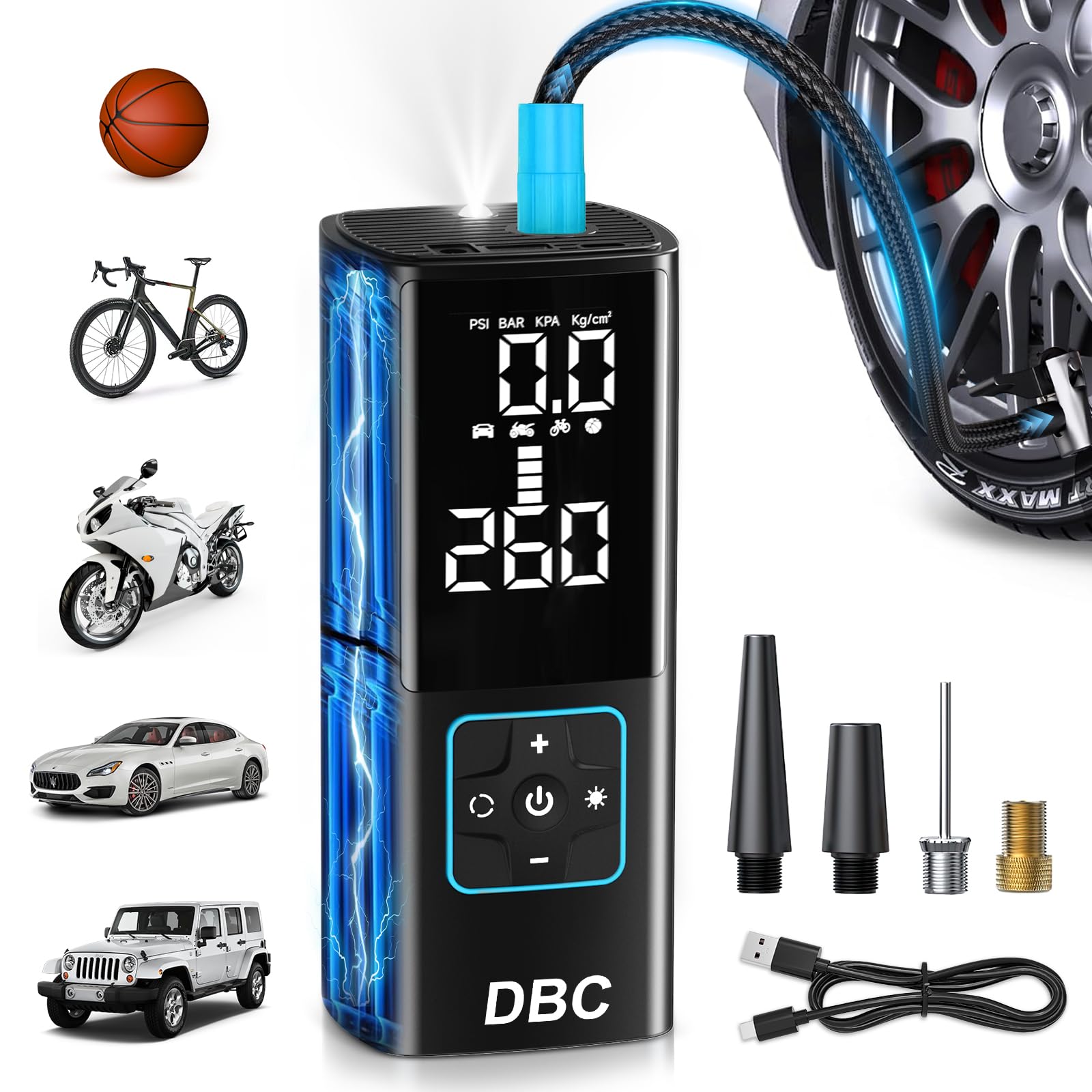 DBC Tire Inflator Portable Air Compressor, 3X Faster Cordless Bike Pump, 20000mAh & 150PSI Portable Air Pump for Car Tires With Digital Dual Values