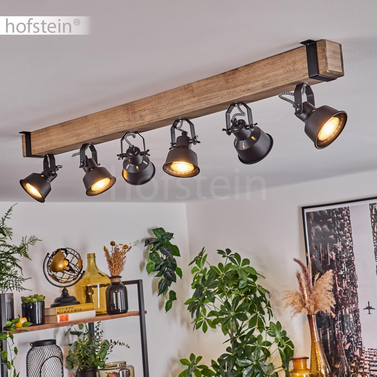 HOFSTEIN Deckenleuchte Safari, verstellbare Deckenlampe aus Metall/Holz in Schwarz/Natur, Leuchte im Industrial/Retro/Vintage-Design, Holzbalken, 6 x GU10, Wohnzimmer, Esszimmer, Schlafzimmer, Küche