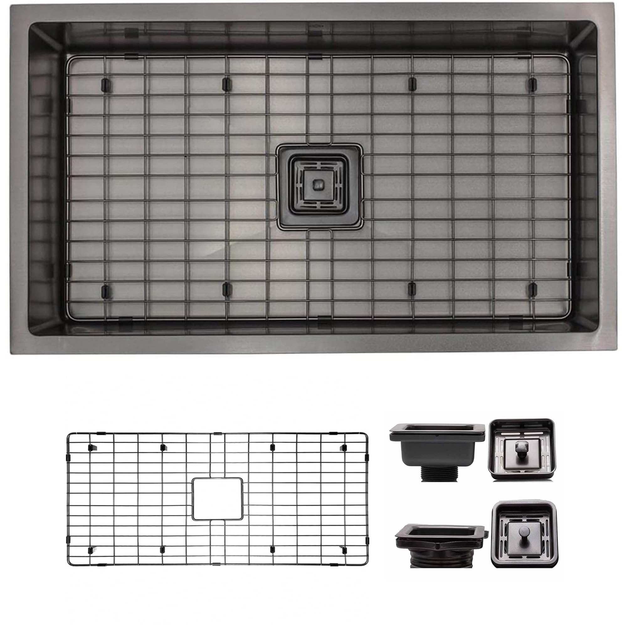 Strictly Sinks 32 Inch Undermount Single Bowl Kitchen Sink – Gunmetal Black Sink Designer Shelf Accessory 16 Gauge Stainless Steel – With Bottom Grid, 1 Strainer Square Drain & 1 Disposal Adapter