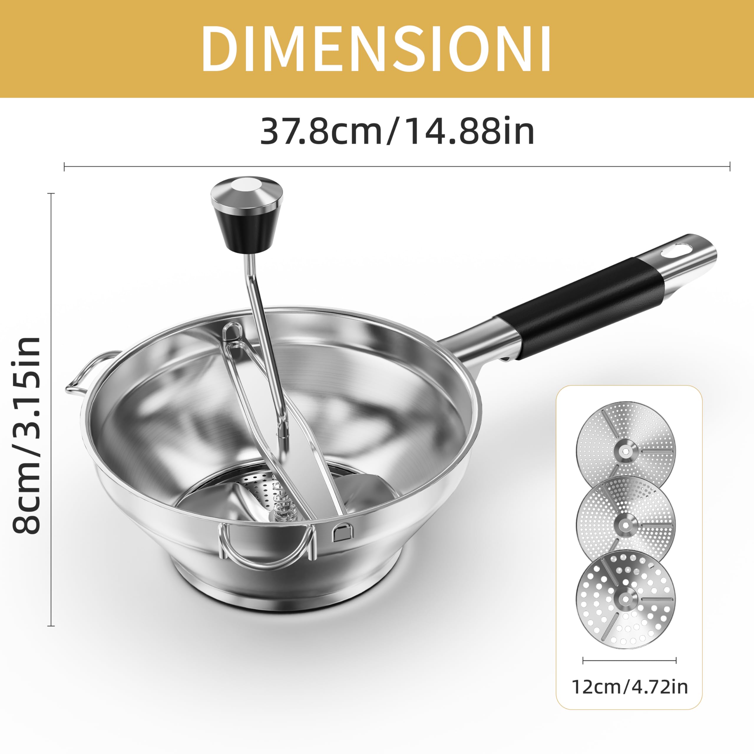 Passatutto in acciaio inox, 3 Dischi in dotazione, macina a manovella per alimenti per,design ergonomico rotante per salsa di pomodoro e purè di patate (Acciaio inossidabile)