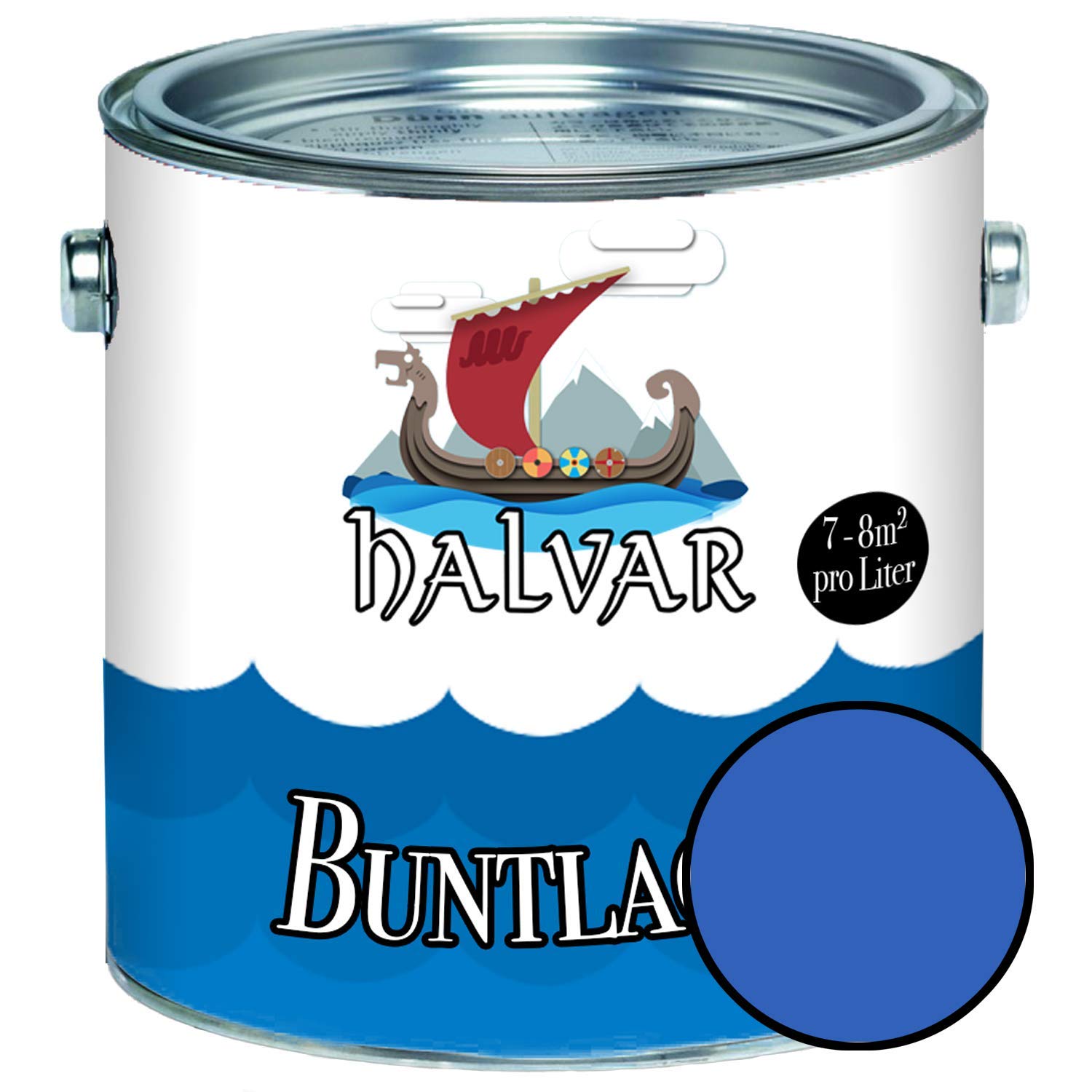 Halvar Kolorowy lakier do drewna i metalu, błyszczący niebieski RAL 5000-5024, farba do drewna, lakier do drewna, do użytku wewnątrz i na zewnątrz, wytrzymały lakier z żywicy syntetycznej, odporny na warunki atmosferyczne i doskonała długotrwała ochrona (