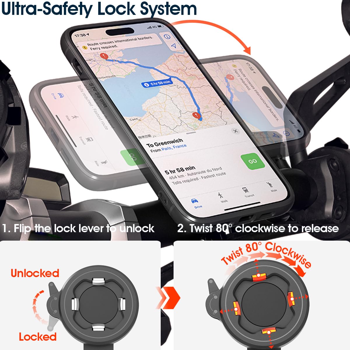 CQ Porta Cellulare Bici, Supporto Telefono Moto/Bicicletta - Stabile e Sicuro, Attacco e Stacco Rapido Portacellulare Bici Manubrio con Adattatore, Porta Smartphone in Alluminio per Scooter/MTB Stelo