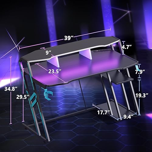Miniatura 10 de MOTPK Escritorio para juegos con toma de corriente y luces LED, escritorio para computadora de juegos de 47 pulgadas con estante de almacenamiento
