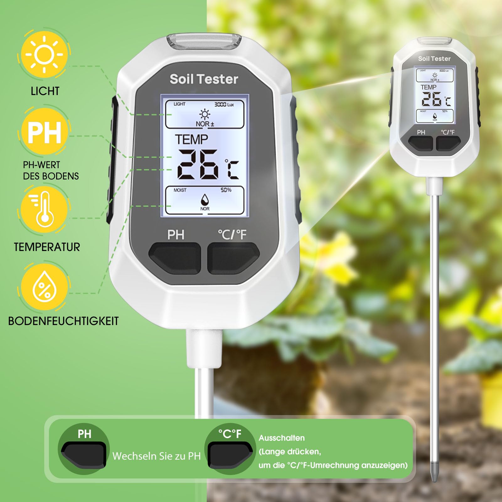 YAMRON ph messgerät Erde, 4-in-1 Digital Plant bodenmessgerät with PH Value/Temperatur/Feuchtigkeit/Licht für Gartenarbeit, Farm, Rasen, Landwirtschaft und Outdoor-Pflanzen
