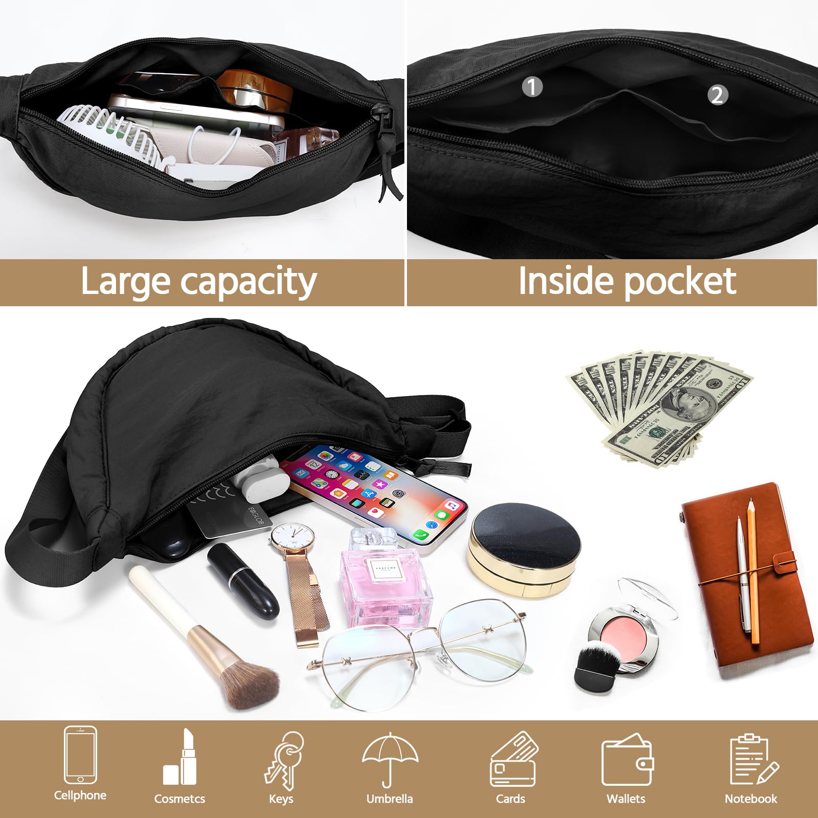 Yuson Girl Borsa a Tracolla da Donna a Mezza Luna Halfmoon Borse a Spalla con Tracolla Regolabile Tinta unita Hobo Bag in Nylon Crossbody Bag per Shopping Viaggio Festa Lavoro