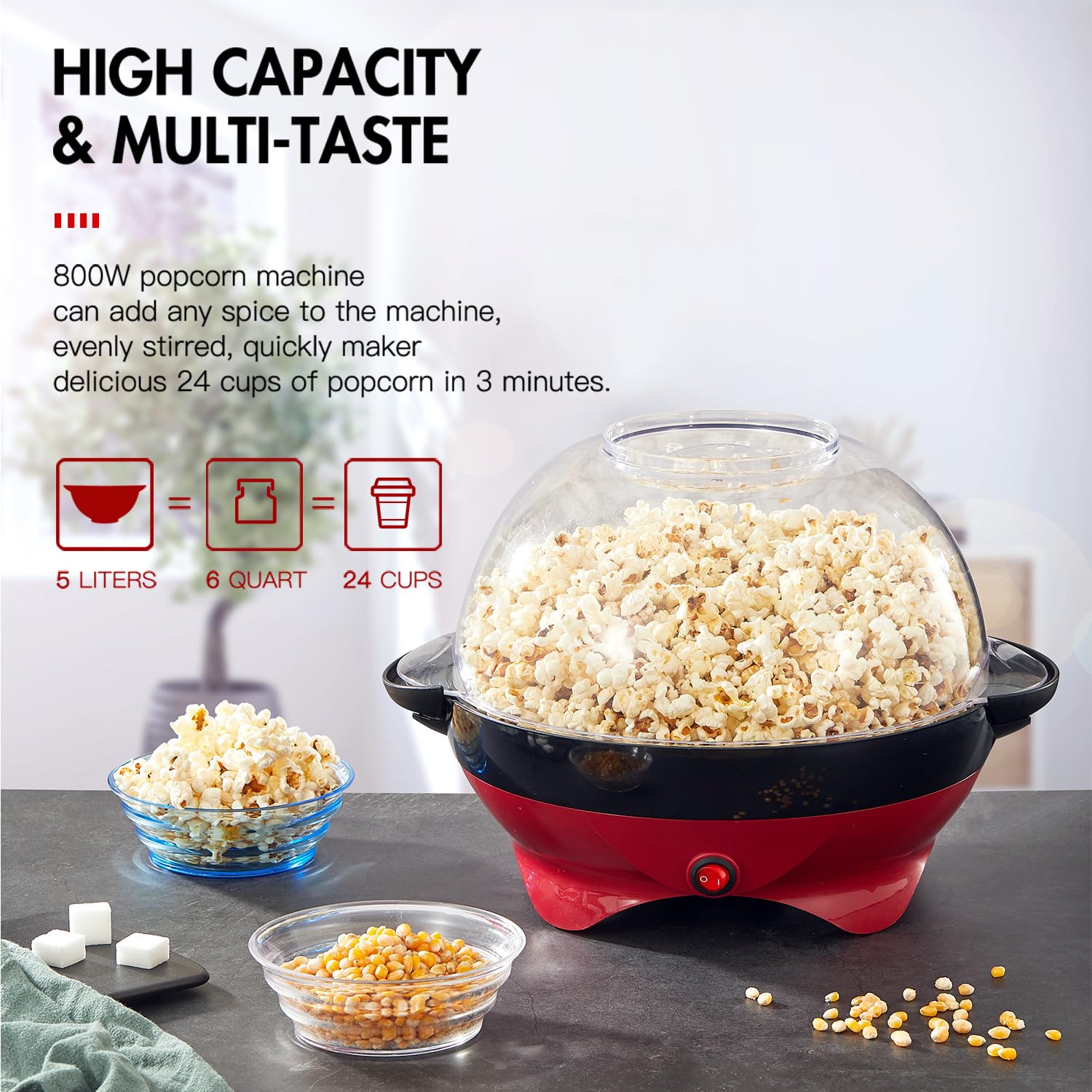 Yabano Popcornmaschine 5L für Zuhause, 800W Popcorn Maker mit Zucker & Öl, Abnehmbare Antihaft-Heizplatte, Automatischer Rührstab, Transparenter Deckel als Servierschüssel, Einfach zu Reinigen