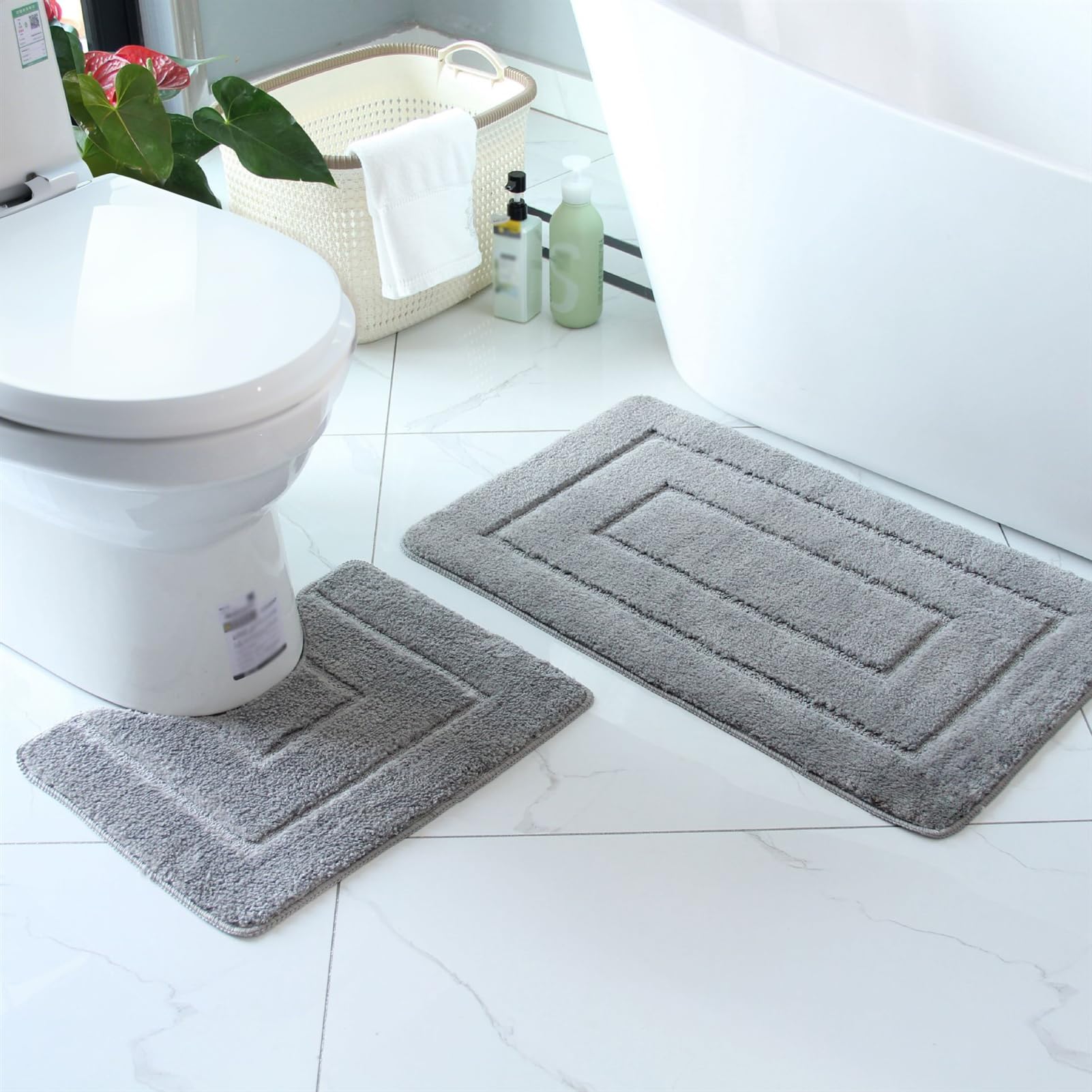 Lifup Badezimmer-Teppichset, 2-teilig rutschfeste, weiche & daugstarke Mikrofaser-Badematten + U-förmiger Toilettenvorleger, waschbar & schnelltrocknend Grau 50 x 80 cm + 40 x 50 cm