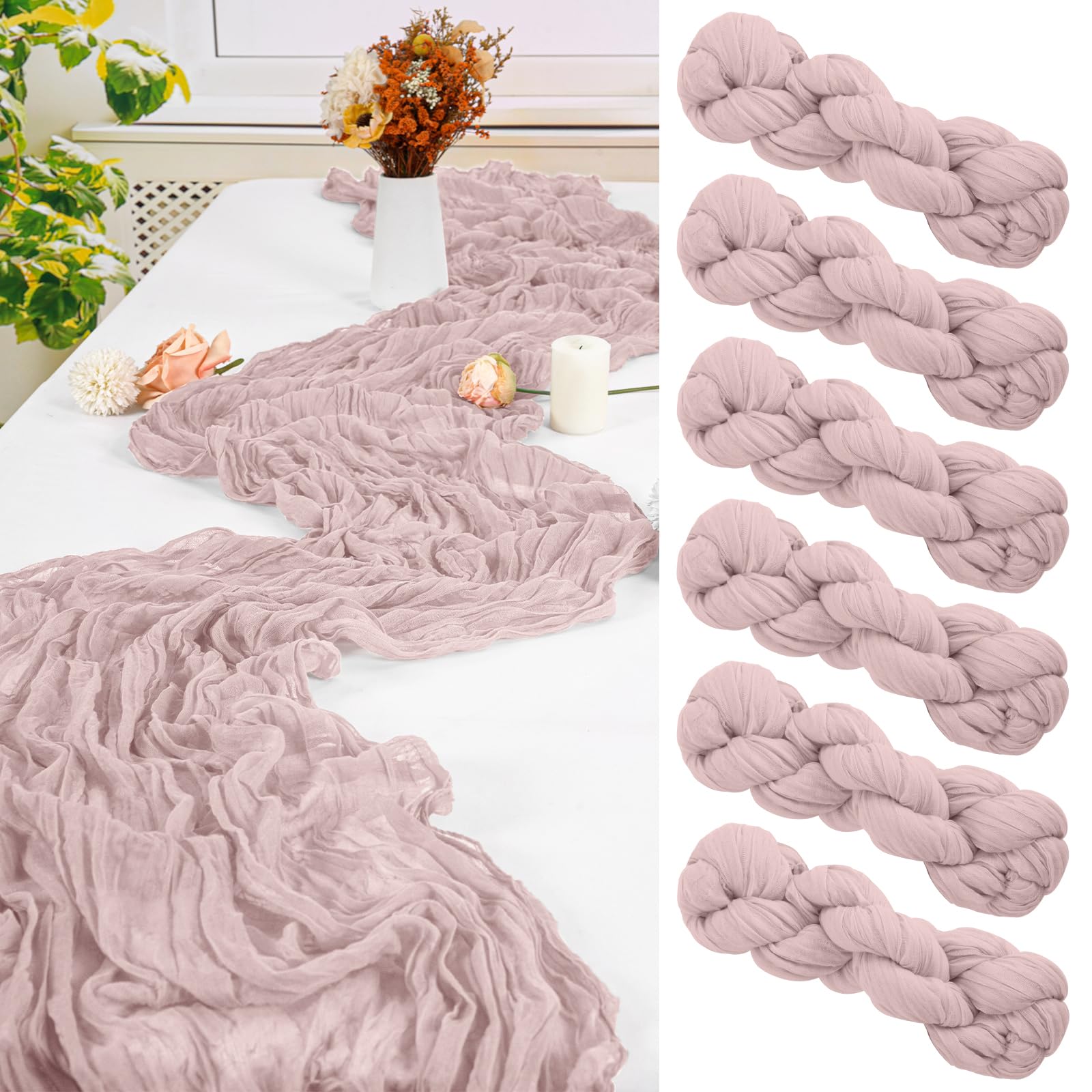 6 Stück Staubiges Rosa Tischläufer,55 x 300 cm Cheesecloth Tischläufer