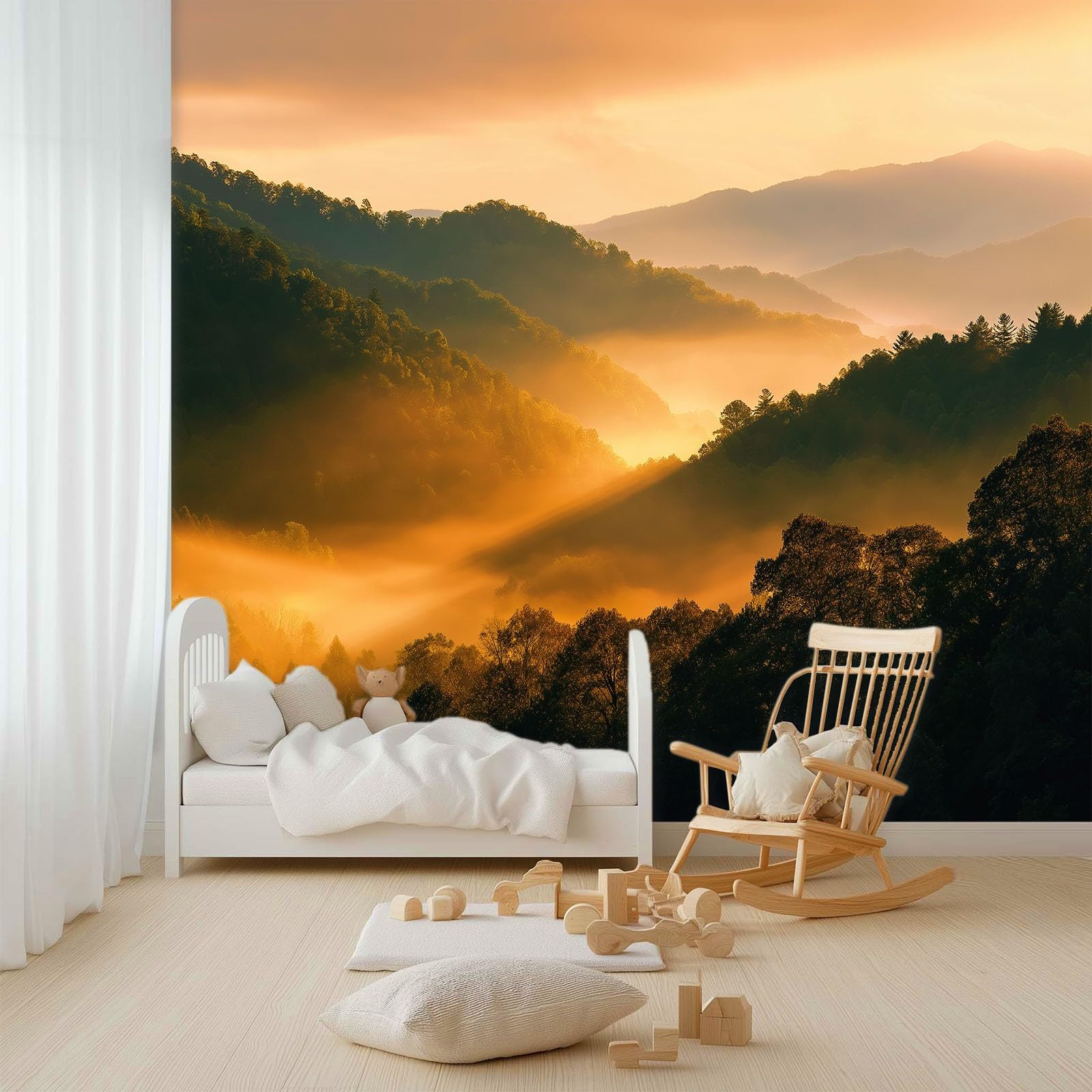 Panoramiczna tapeta krajobraz naturalny 350 cm x 256 cm, dekoracja ścienna salon mgła góry wschód słońca - tapeta nowoczesny design do pokoju dziecięcego dekoracja ścienna