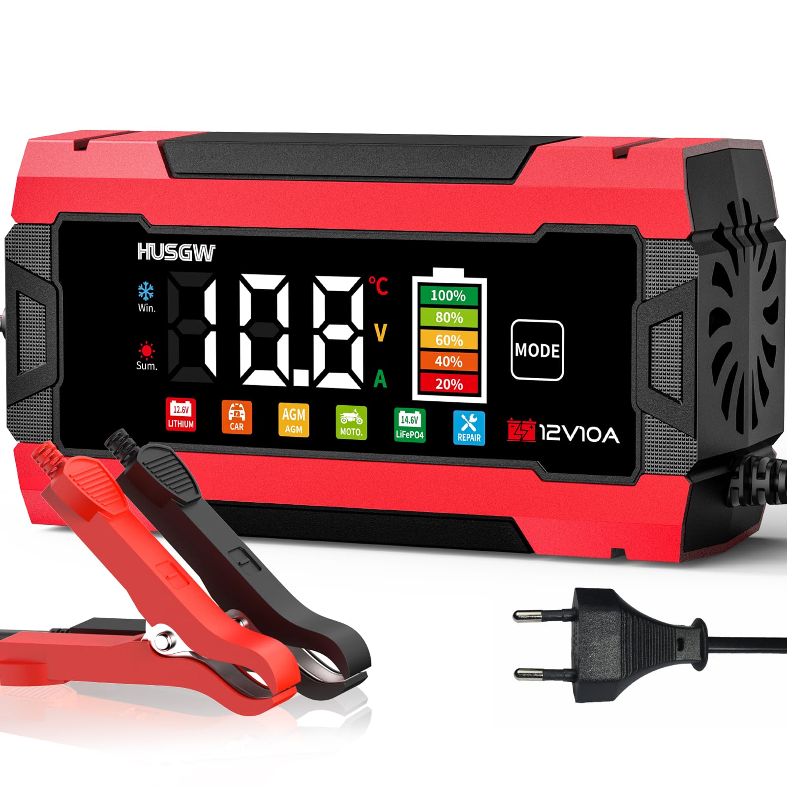 Batterieladegerät 12V 6A mit Temperaturkompensation,Kfz-Ladegerät, Mehrfachschutz für Motorrad-, Auto-, Blei, AGM, Lithium, Start-Stopp, Verpolungsschutz, Auto-Abschaltung (Rot 6)