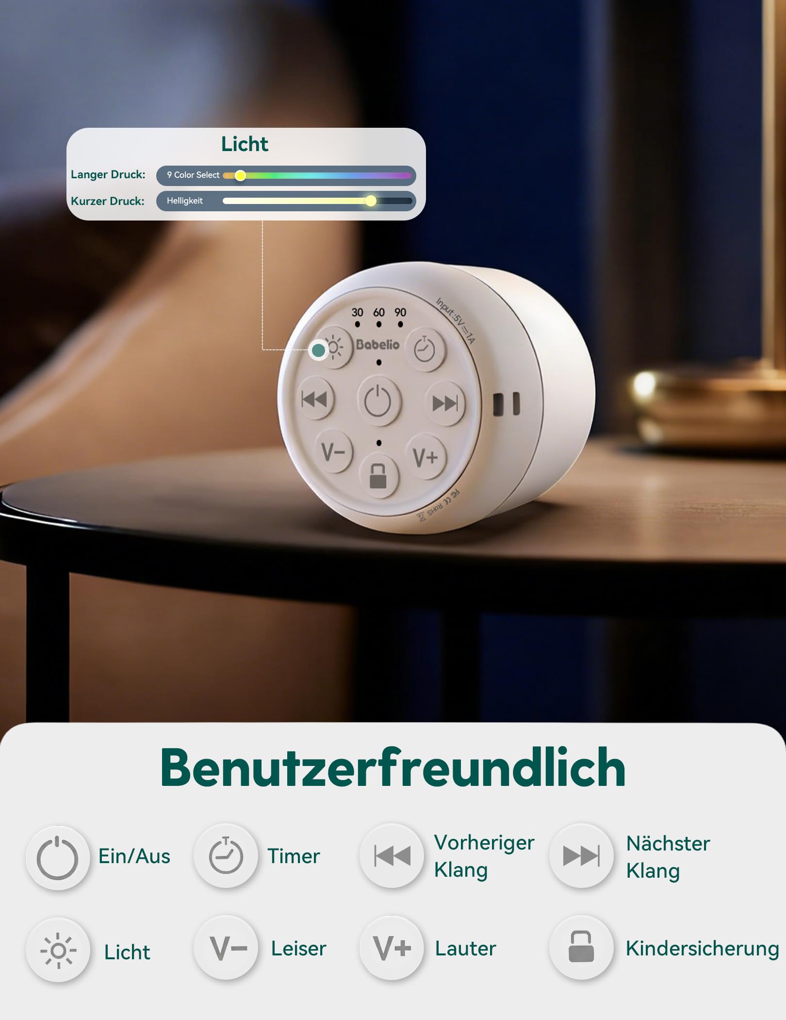 Babelio White Noise Machine Baby, Nachtlichter in 9 Farben, 20 nicht wiederholenden Klängen, Timer, Speicherfunktion, tragbar für Reisen