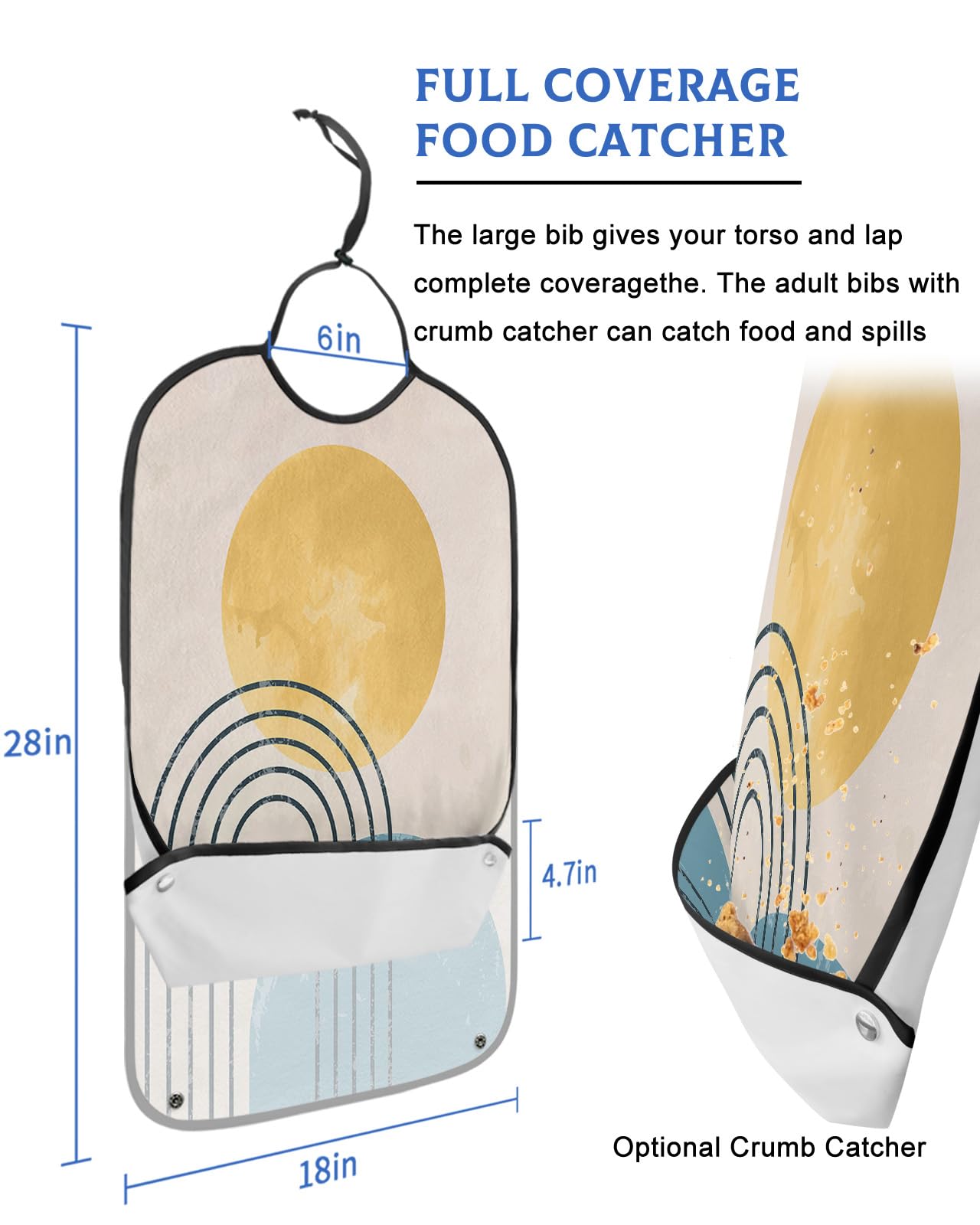 Abstract Art Middle Century Adult Bibs for Eating, Waterproof Bibs with Food Catcher & Adjustable Snap Closure, Yellow Sun Geometric Black Rainbow Clothing Protectors Adult Bibs for Elderly Women/Men