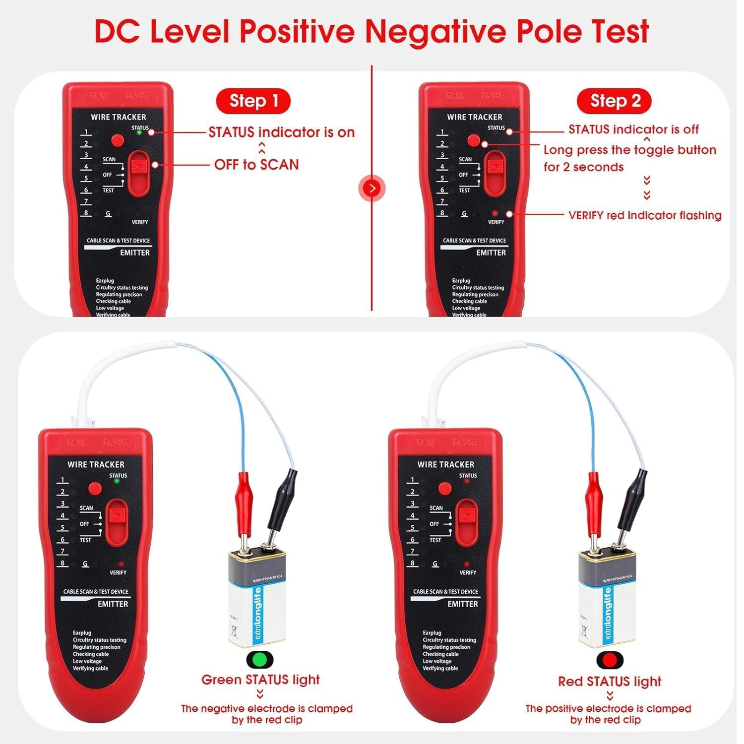 MAKWORLD Wire Tracker Cable Tester for RJ11 RJ45 Network LAN Cable Tester Ethernet cat5 cat6 Telephone line Data Cables Checker Tracker Finder (Red) (Battery Not Including) 4