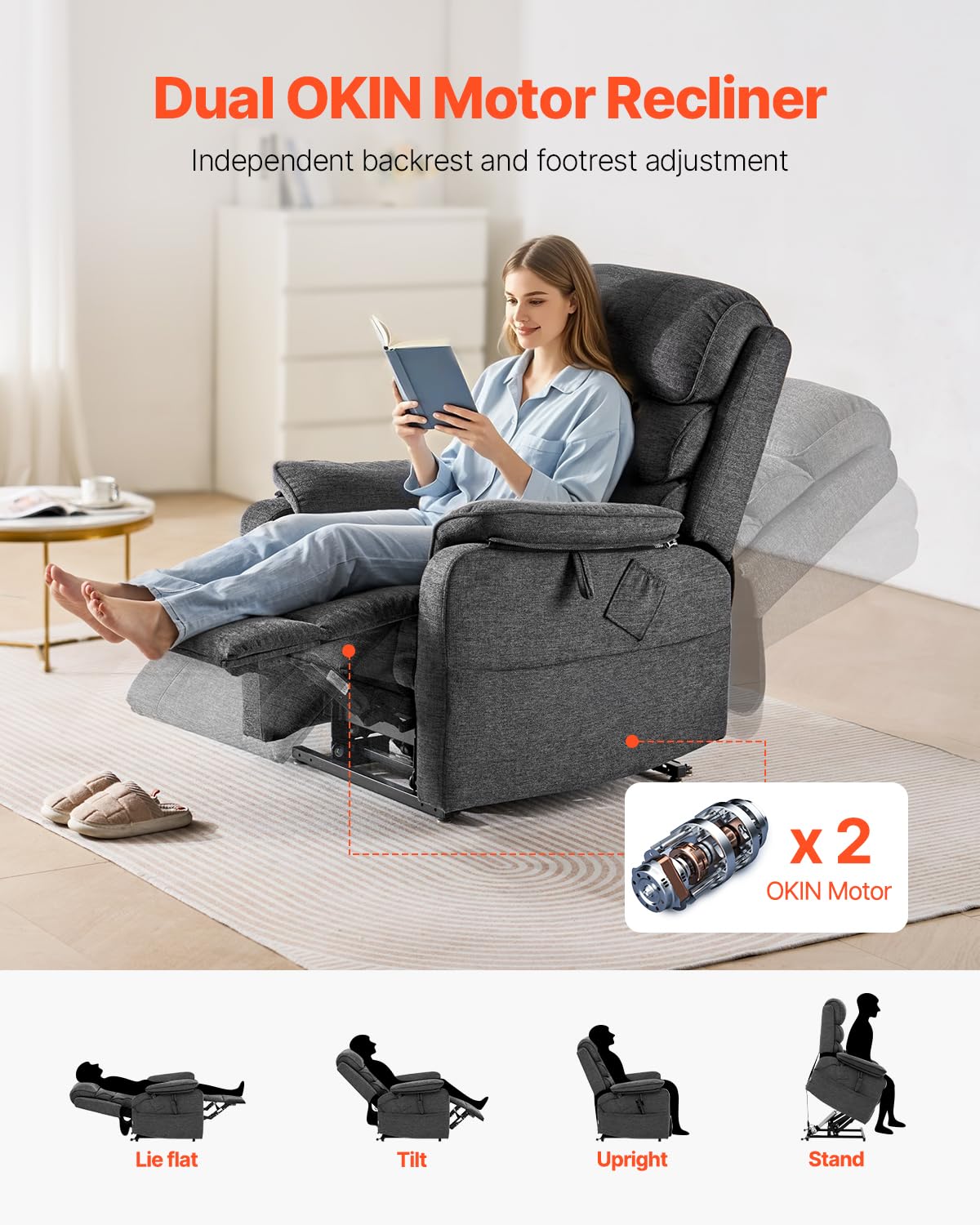 VEVOR Fauteuil inclinable électrique, fauteuil releveur avec chaleur et massage pour personnes âgées, fauteuil relax à double moteur avec 2 cordes anti-chute, réglage de position infini, gris foncé, M