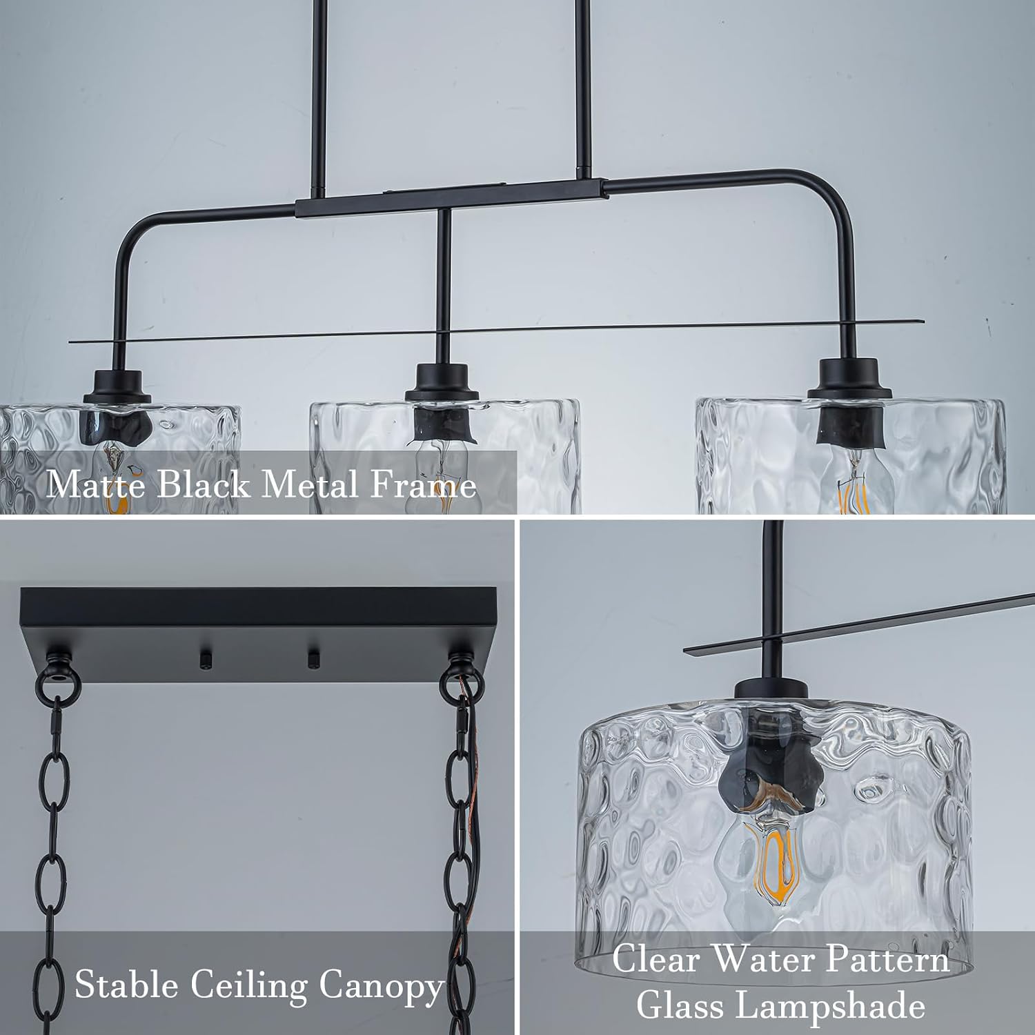 36" Linear Chandelier with Clear Rippled Glass Shades 3-Light Black Linear Pendant Light, Industrial Hanging Chandelier for Kitchen Island, Dining Room, Living Room, Pool Table