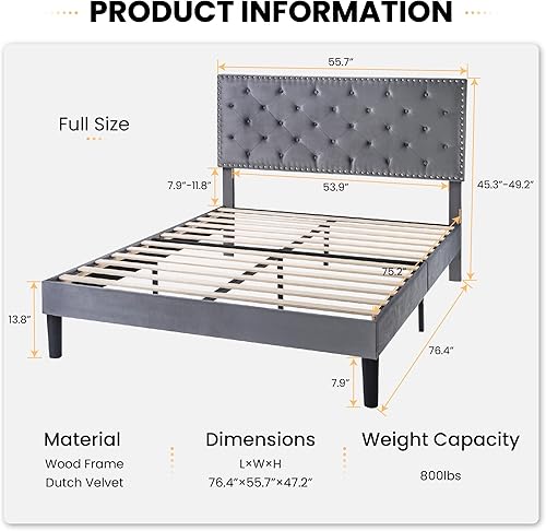 Miniatura 17 de SHA CERLIN Base de cama de terciopelo tamaño Queen con cabecera ajustable, botón de diamante y decoración de remaches, no necesita somier, color