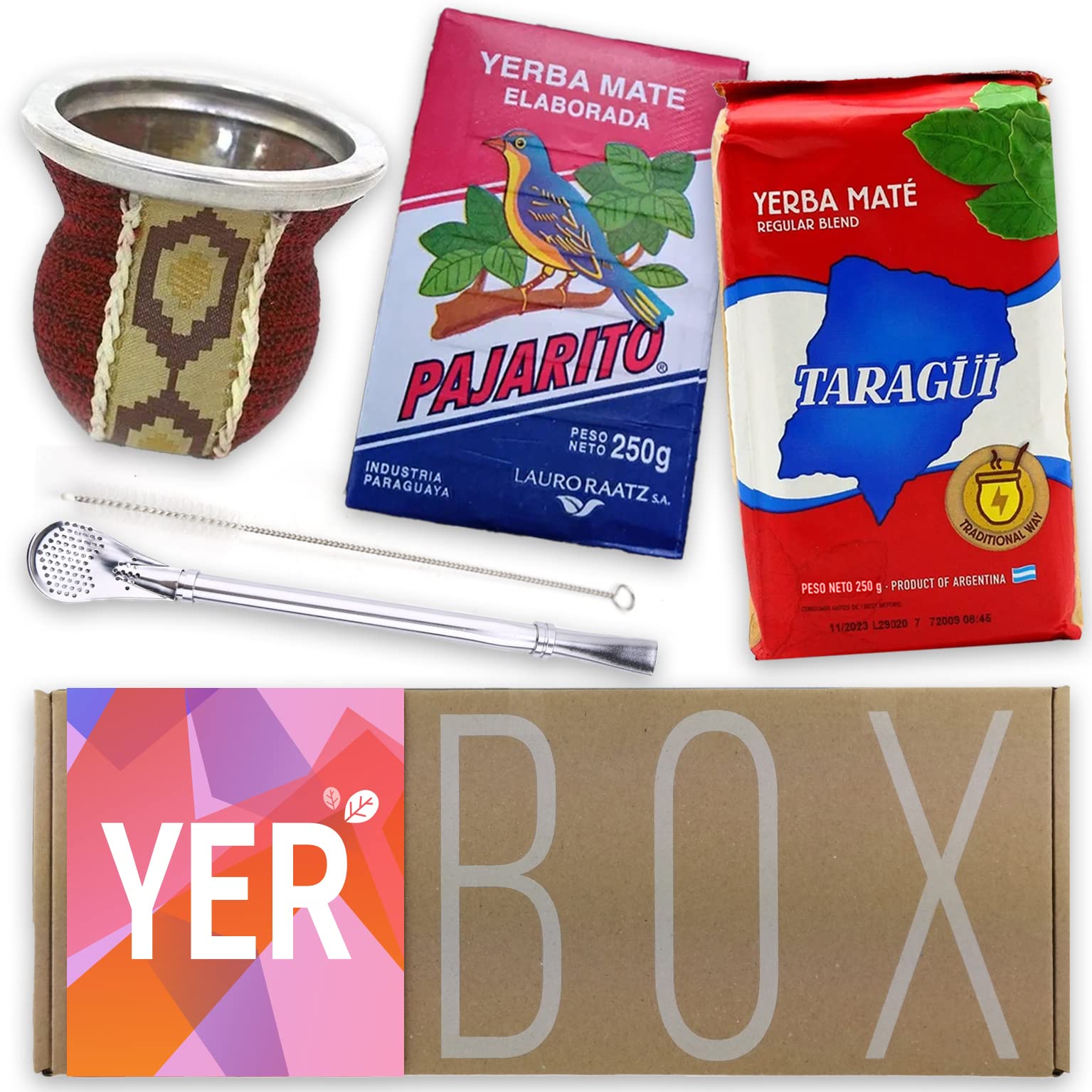 Yerba Mate Set Yerbox: Pajarito Tradycyjny 250g und Taragui Tradycyjny 250g | Gurda Kubek Szklany Pokryty Skórą | Bombilla ze Stali Nierdzewnej | Szczotka do Czyszczenia