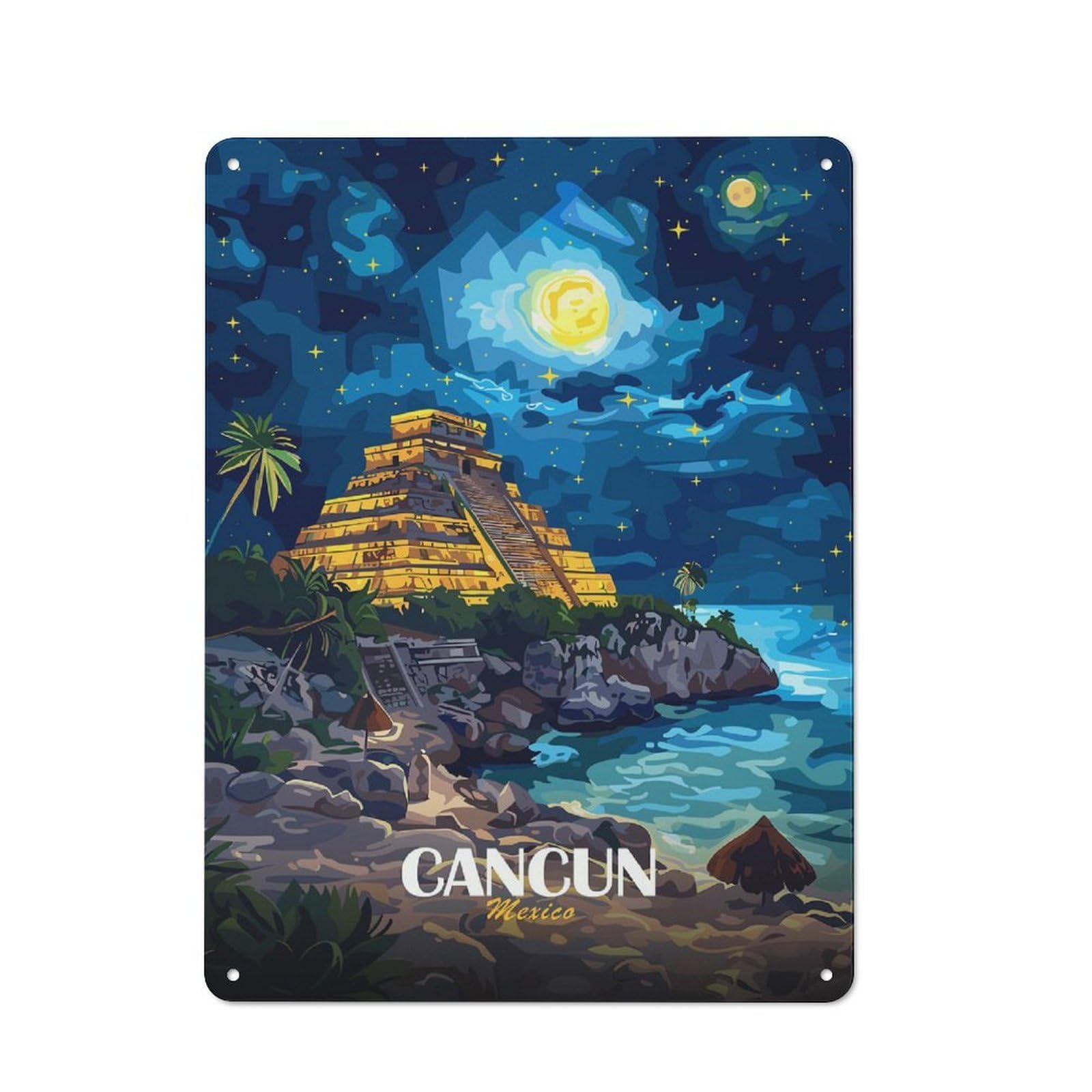 Junmoney Style-7 For Living Room Or Hallway, Cancun Mexico Night Landscape Illustration Vintage Metal Plaque 40X30cm, For Vintage Wall Decor Fans, For Metal Sign Collectors