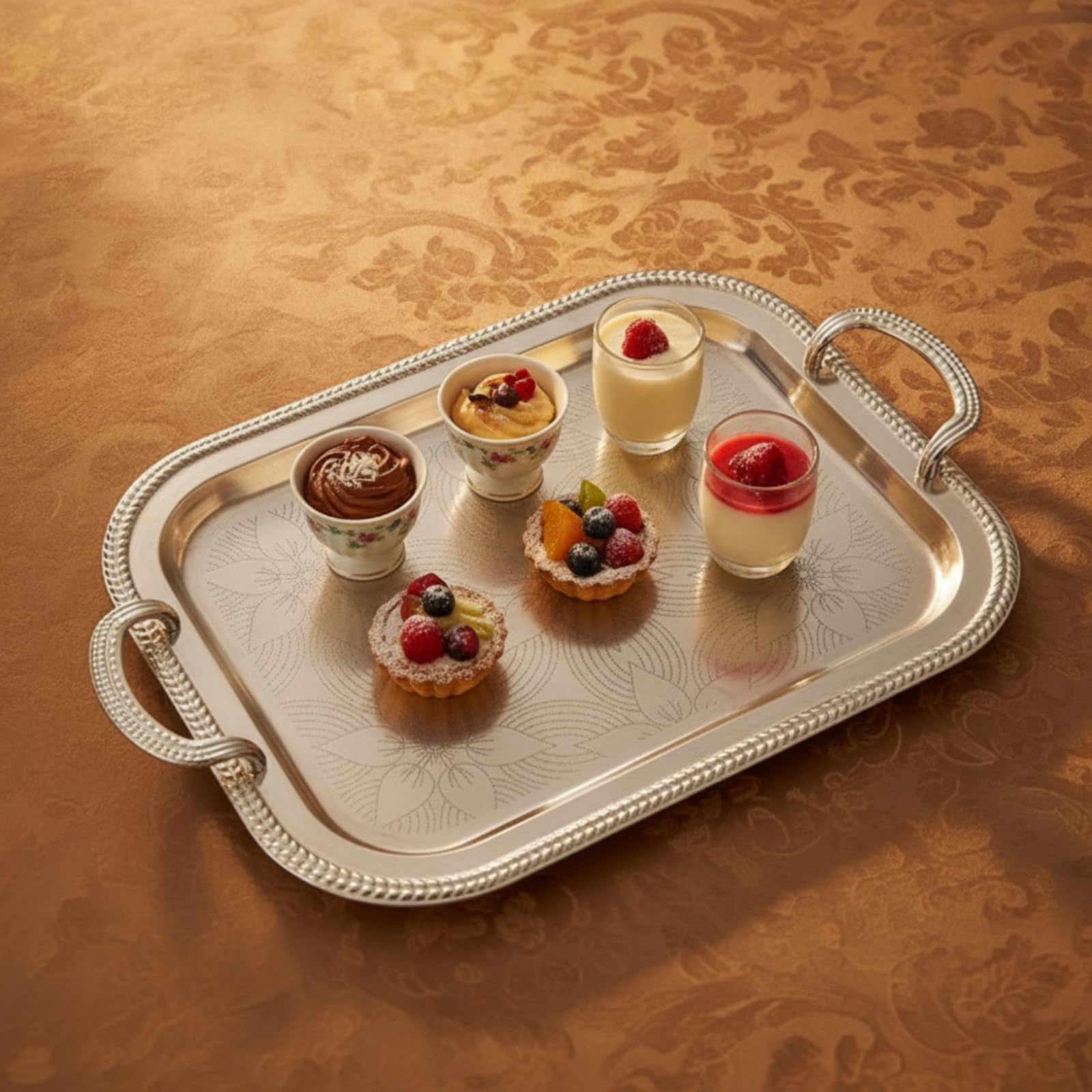 Baoblaze Bandeja Industrial Bandeja para Servir Bandeja Metálica Bandeja Rectangular Bandeja con Asas Hierro con Acabado Espejo y Diseño Grabado Adecuada para, Plata, Grande