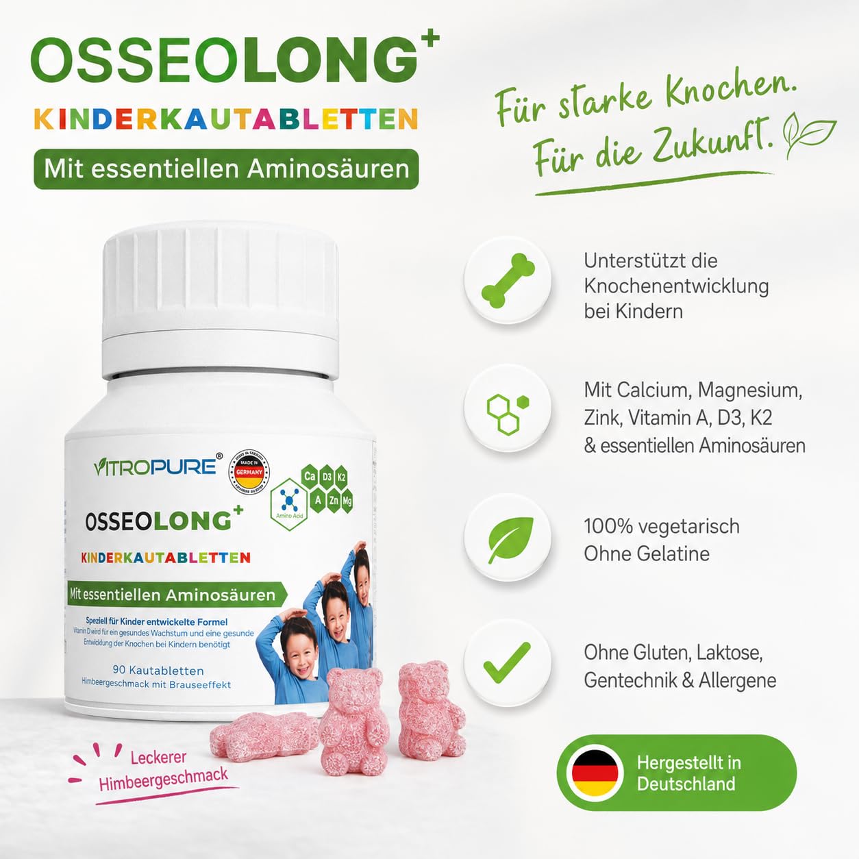 OsseoLong® Kautabletten: Einzigartige Kombination: Verzweigtkettiger Aminosäuren (BCAAs), Kalzium, Vitamin D3, Zink und Magnesium für die Knochenentwicklung.