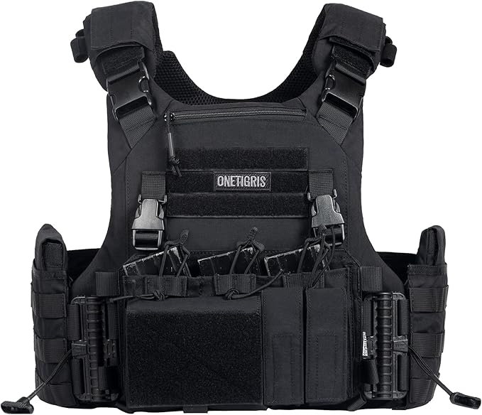 FYR Gilet Tactique avec Mag Pouch Airsoft Gilet Porte Plaque Réglable et Respirant