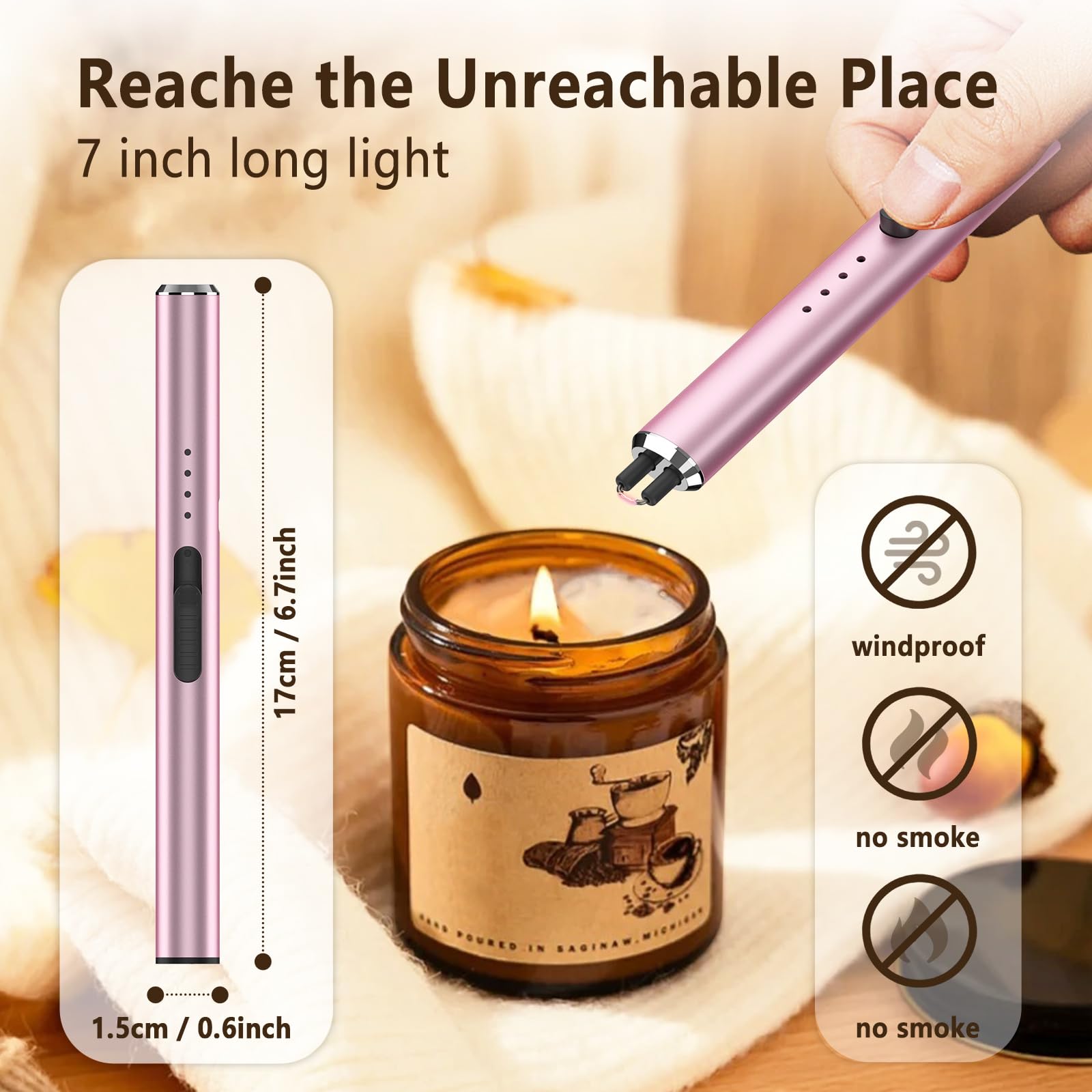 GeeRic Encendedor Eléctrico USB Recargable Arco LED Mechero de Velas Cocina Gas Chimenea Barbacoa Camping Rosa