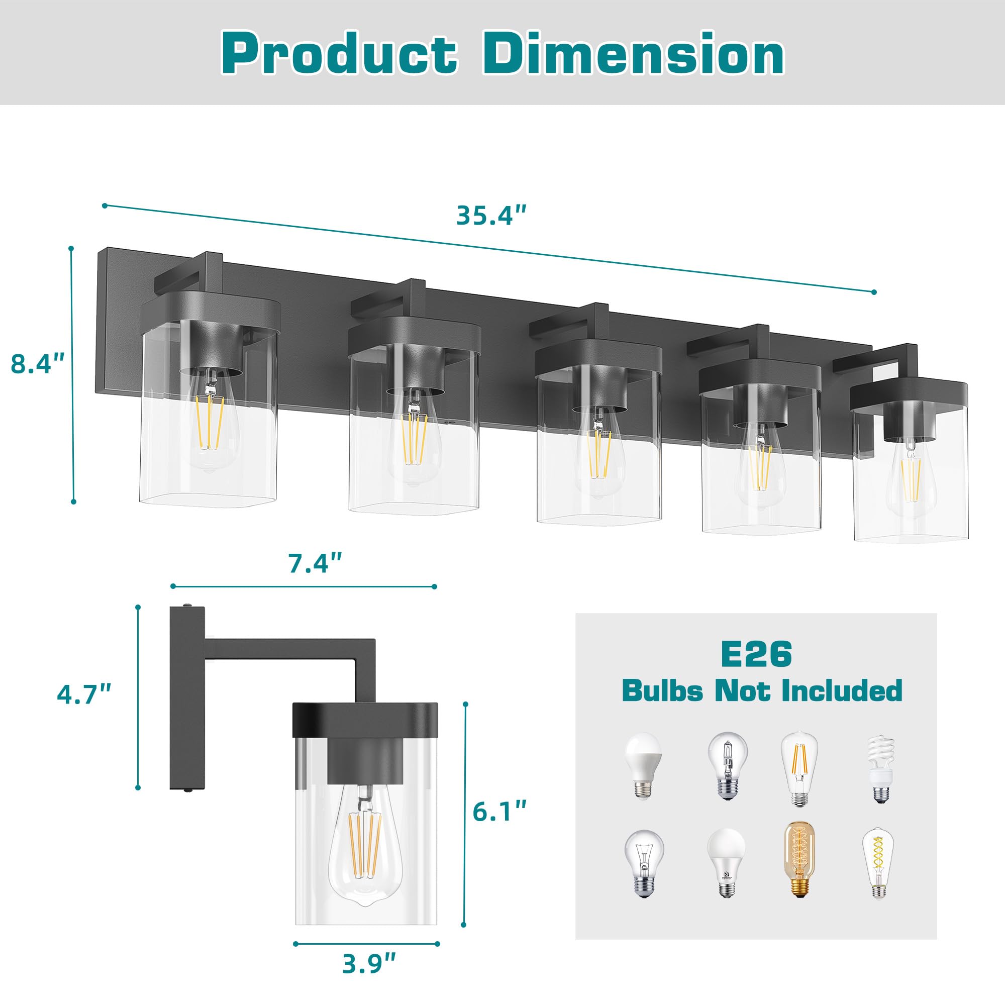Badezimmer-Waschtischleuchte, quadratisches Design, 5 Leuchten, moderne Badezimmer-Beleuchtung über Spiegel, schwarze Badezimmer-Leuchten für Badezimmer/Wohnzimmer/Schlafzimmer