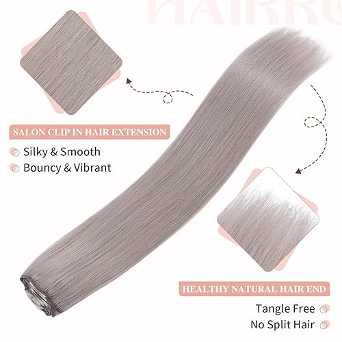 Miniatura 7 de Hairro Extensiones de cabello humano real con pinzas, color gris, 20 pulgadas, delgado, largo, lacio, 100% Remy, extensiones de cabello humano con