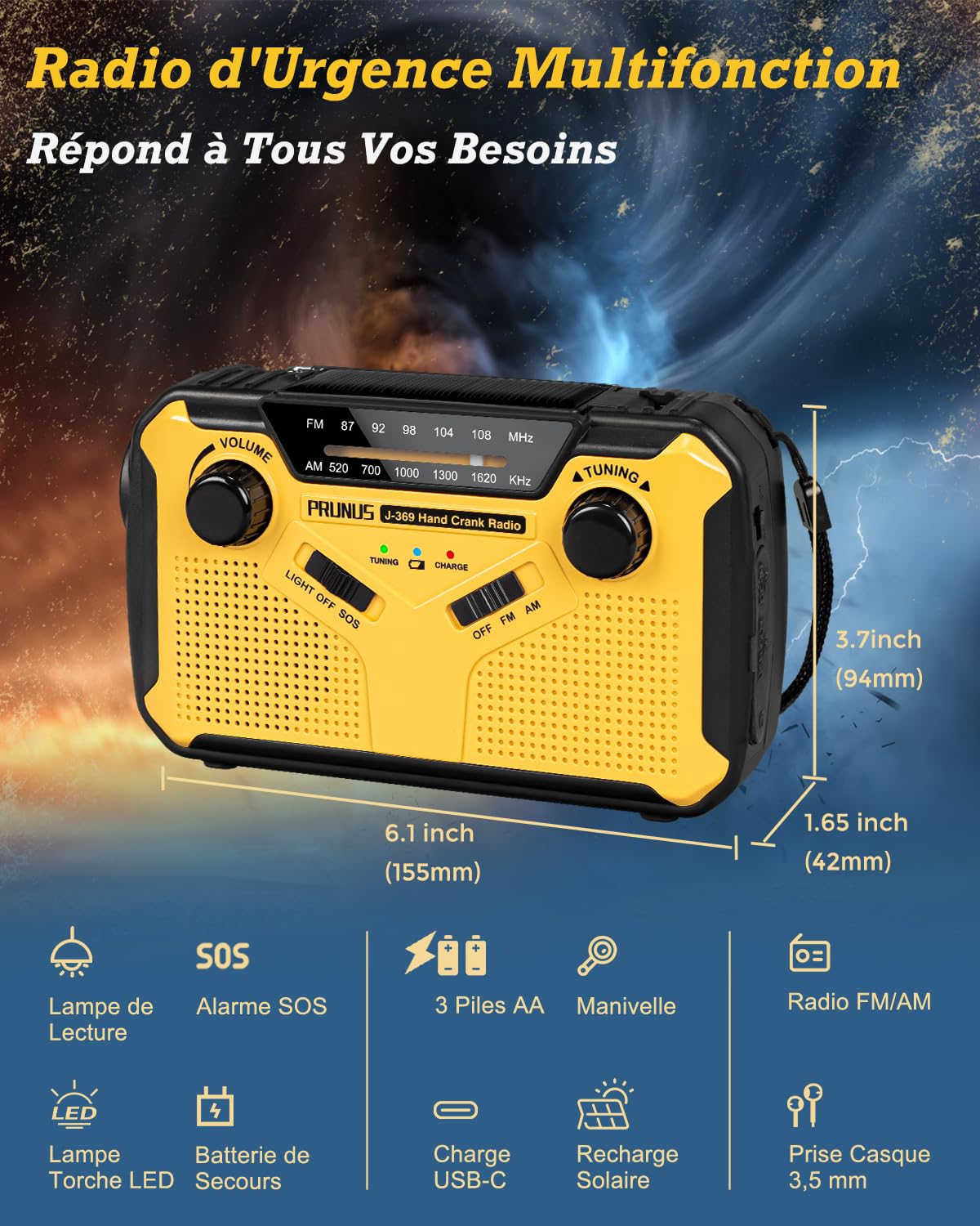 Portable Radio Dynamo Survie, PRUNUS J-369 AM/FM Radio à Pile avec 3000mAh Power Bank/SOS Alarm/Lampe Poch/Panneau Solaire, Haut-parleurs, Ourdoor, Emergency (Jaune)