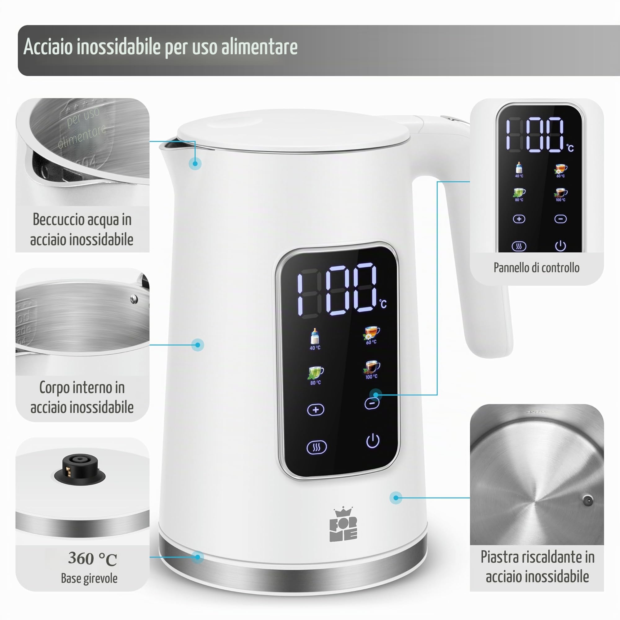 ForMe Bollitore Elettrico In Acciaio Inox 1,7 L Temperatura Regolabile da 40-100 C I Funzione di Mantenimento Caldo LED Display Digitale della Temperatura I Arresto Automatico I Teiera Senza BPA
