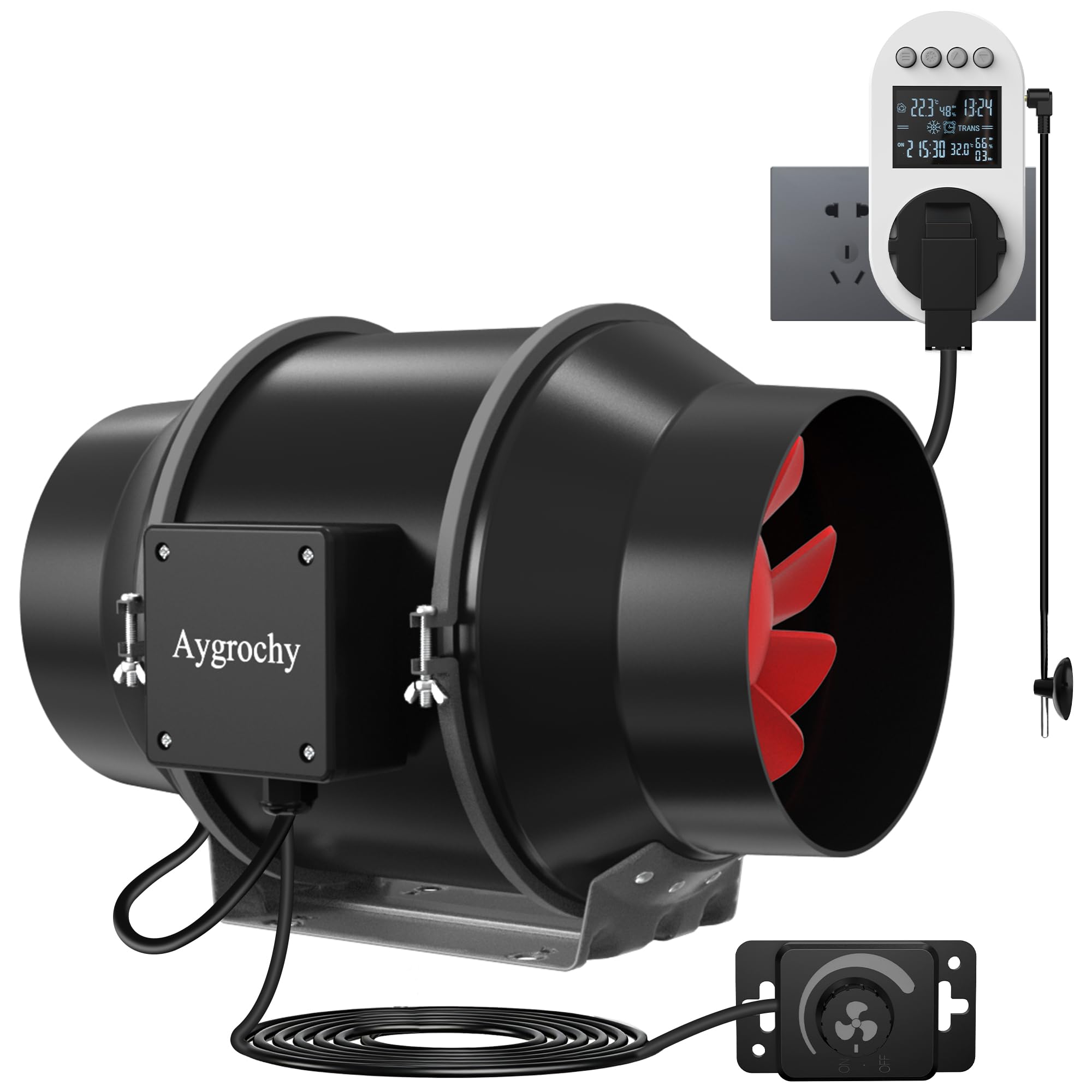 Aygrochy Ajustable Extractor de aire 125 mm,Ventilador de extracción 416 m³/h, Toma de corriente con temporizador, retardo y sensor de temperatura y humedad, para tiendas de crecimiento, ventilación