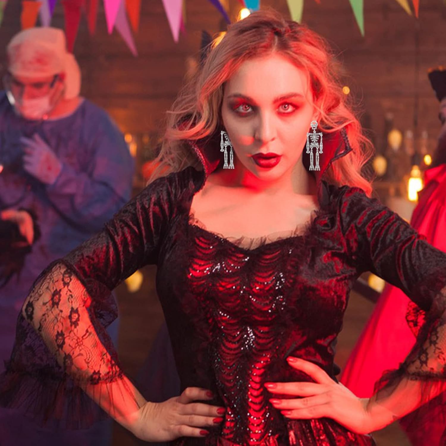 Rhinestone Skeleton Earrings Halloween Crystal Skull Dangle Earrings Gothic Skull Halloween Theme Earring Accessories Jewelry Gift - Image 5