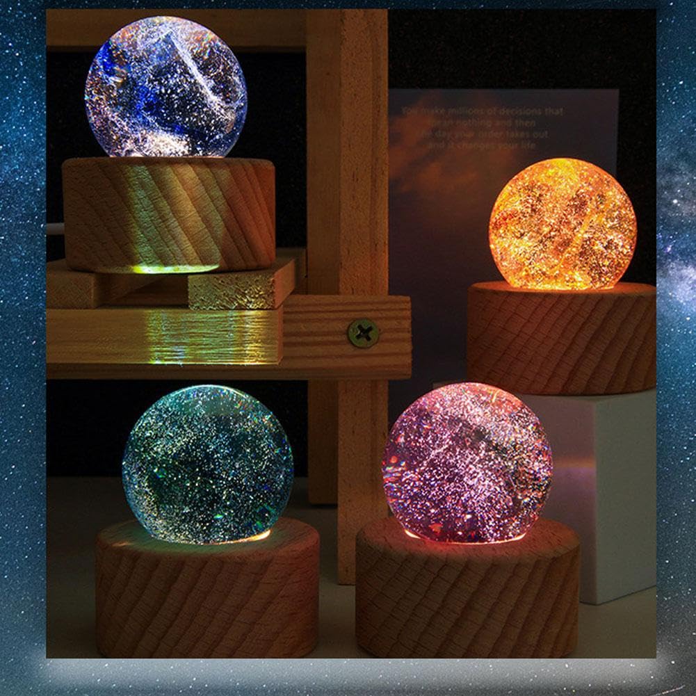 Chakra di cristallo con sfere di ghiaccio incrinate, sfera di cristallo a LED con supporto in legno a LED, sfera di cristallo naturale, luce notturna, set di sfere decorative per chakra
