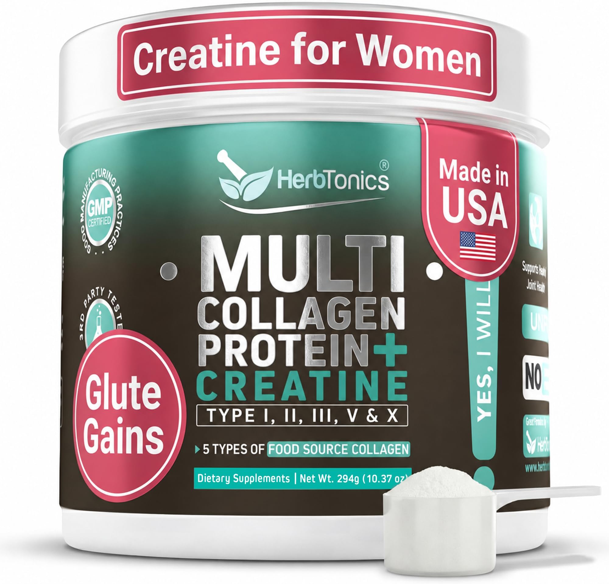 Herbtonics Creatine for Women 5g Creatine Monohydrate + 4.8g Multi Collagen