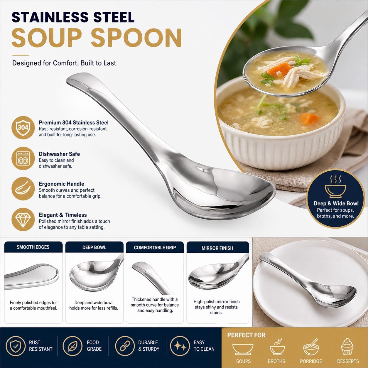 Amazon.com: COMIART 6-Piece Soup Spoons Set, Stainless Steel Asian