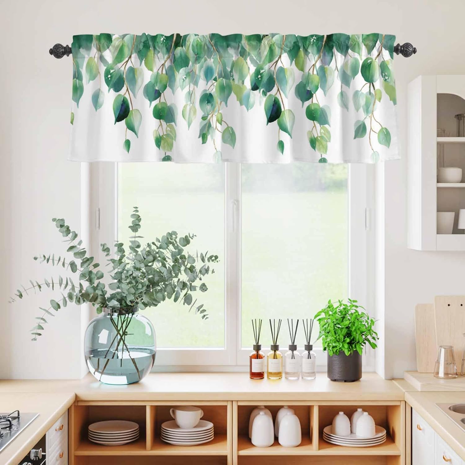 Kitchen Cafe Window Tier Curtains and Valance 3 Pieces Set Country Spring Green Leaves Rod Pocket Window Valances Panel Privacy Short Drapes Window Treatment for Bedroom Watercolor Plant on White