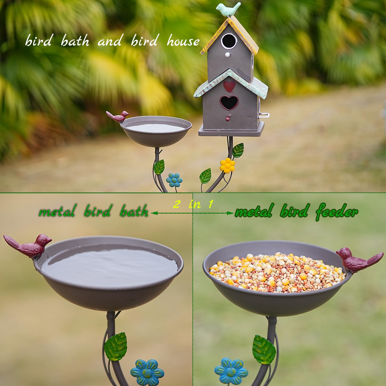Baños de pájaros de 60.6 pulgadas de alto para exteriores, cuenco de baño de metal para pájaros, casas de pájaros para exteriores con poste, casas de pájaros para exteriores, decoración de patio de