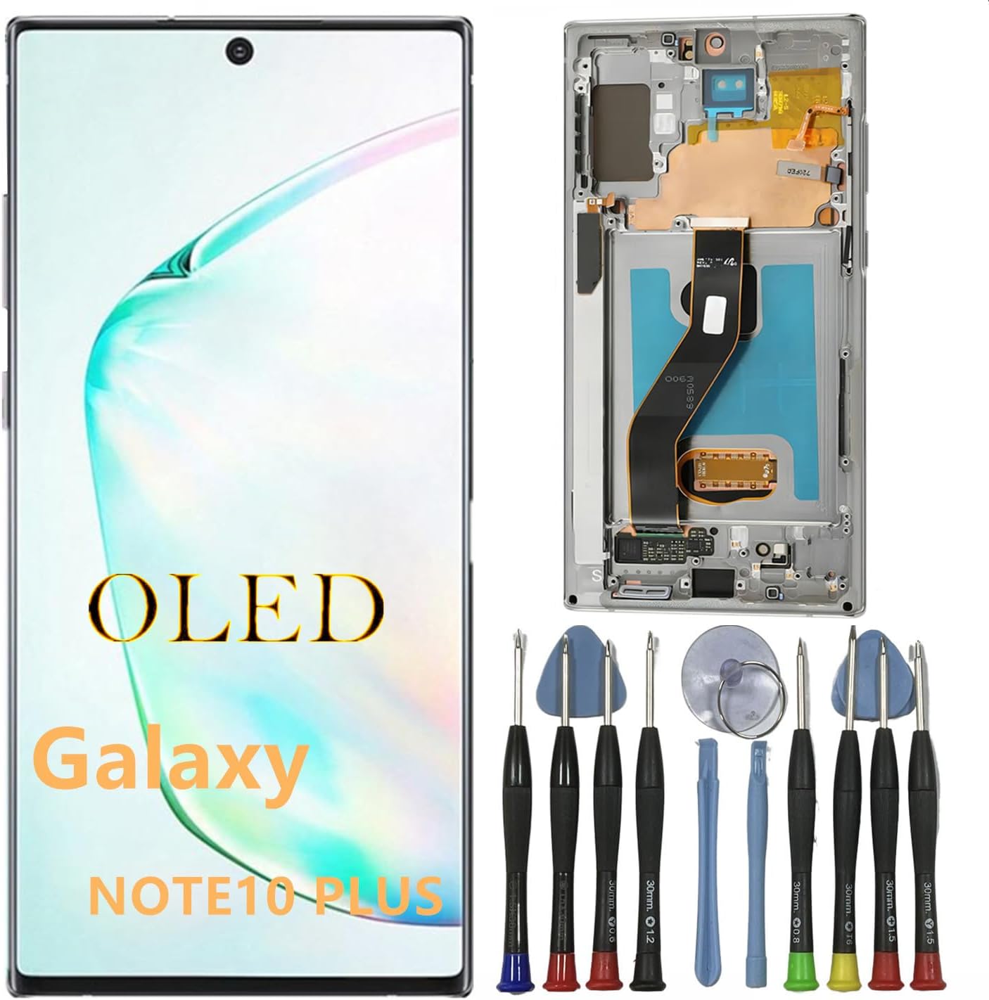 OLED Galaxy NOTE10 Plus Screen Replacement for Samsung NOTE10PLUS 5G Display Touch Screen Digitizer Assembly SM-N975U,SM-N975U1,SM-N976U LCD Support Fingerprint (with White Frame+Tools)