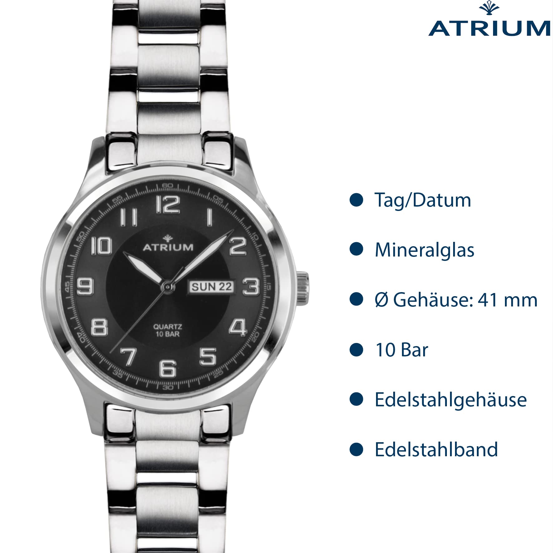 Atrium Herren-Armbanduhr Edelstahl Analog Quarz 10 bar mit Edelstahl Armband und Wochentag Datum Anzeige Silberfarben A39-31