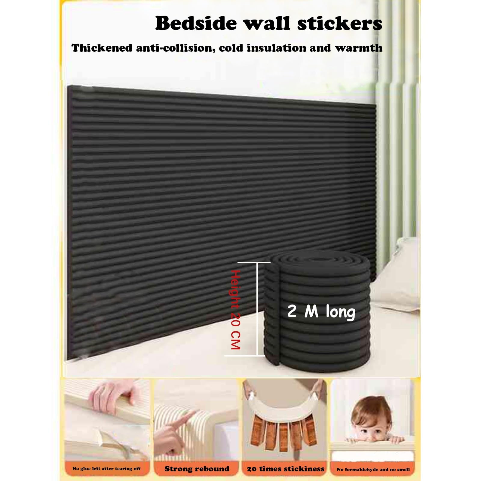 Panneaux muraux rembourrés Noirs Anti-Collision avec Rembourrage Auto-adhésif pour Chambres d'enfants, Tapis de tête de lit Extra épais et très élastique (Lot de 2)