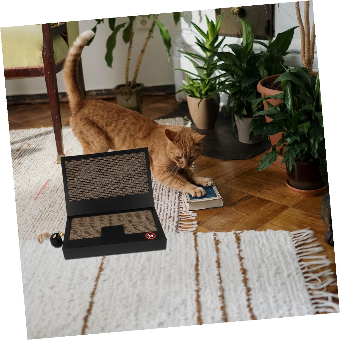 Katzenkratzbrett in Laptopform, 1 Satz, aus Wellpappe, Schwarz | Teaser Stab Inklusive, Beißring Dabei, Leicht Mitnehmbar, Abriebfest und Ausgewogen, Kompakt für Zuhause