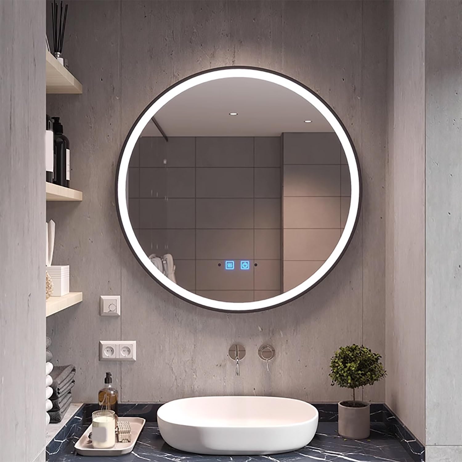 Specchio da bagno LED rotondo da 24 pollici con cornice nera e sensore