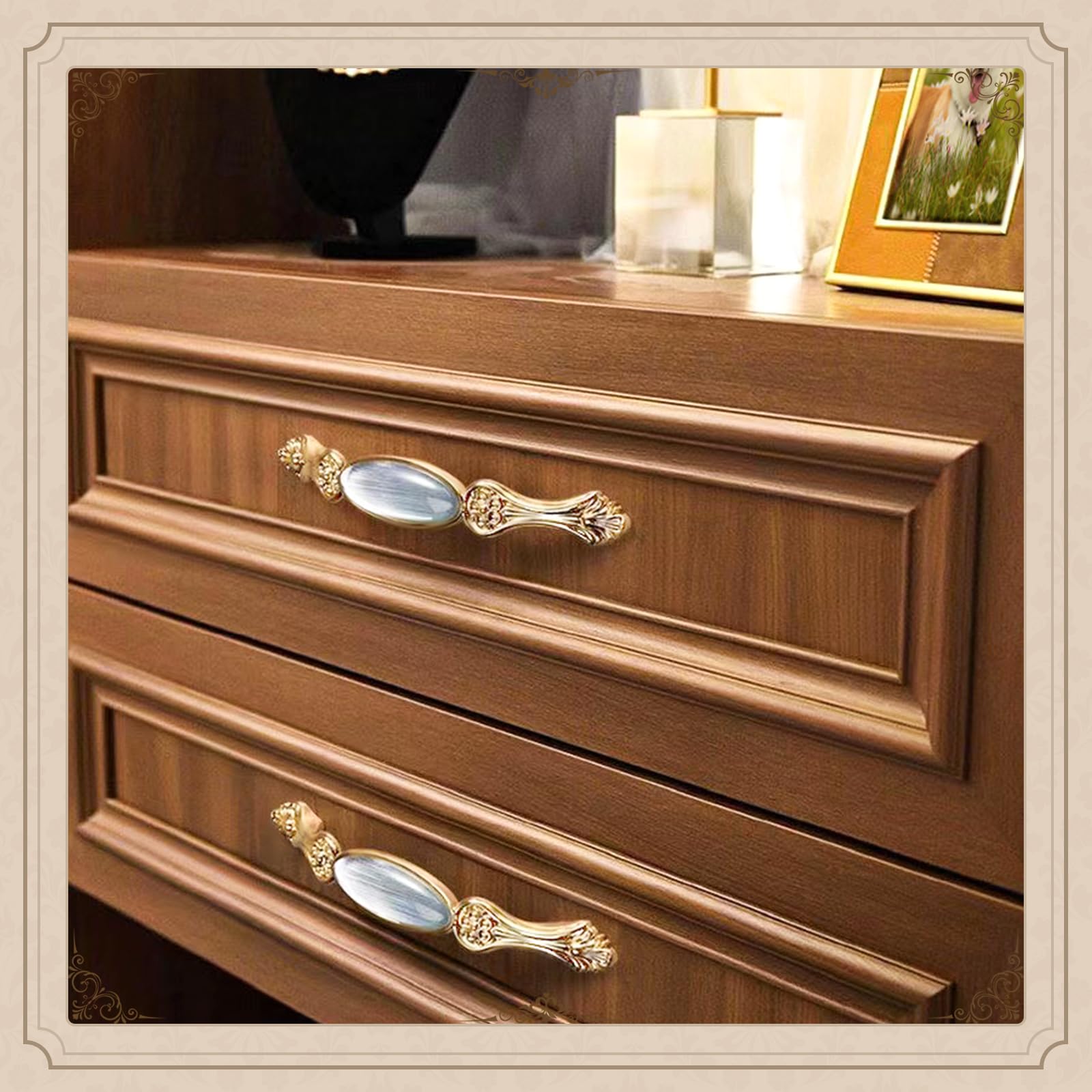 Elistonie 2 Pack Kitchen Door Handles, Vintage Style Cabinet 96mm Hole Center Gold With Art Pattern - Image 3